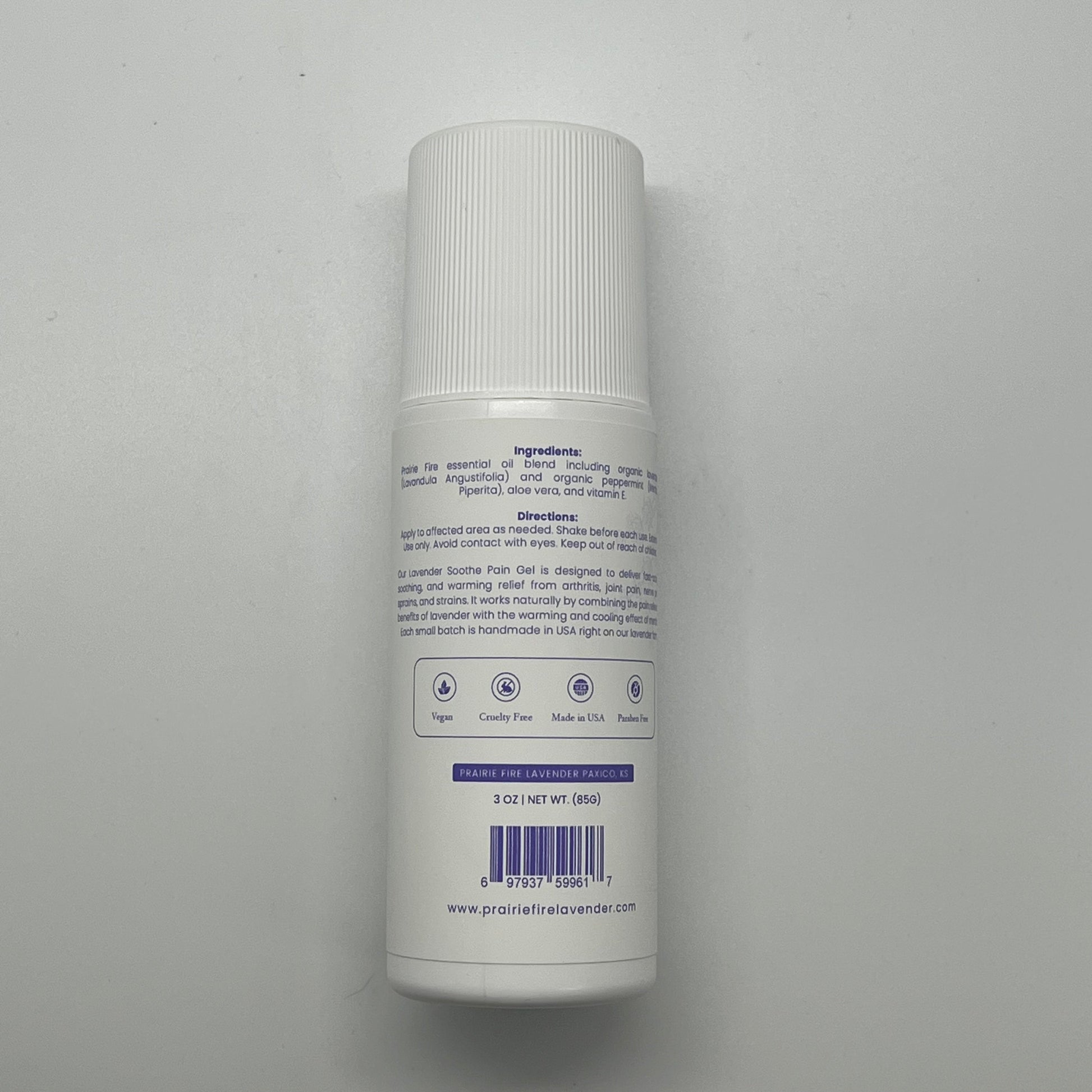 Lavender and menthol soothe pain gel roll-on by Prairie Fire Lavender Farm, 3 oz., with lavender and menthol ingredients.