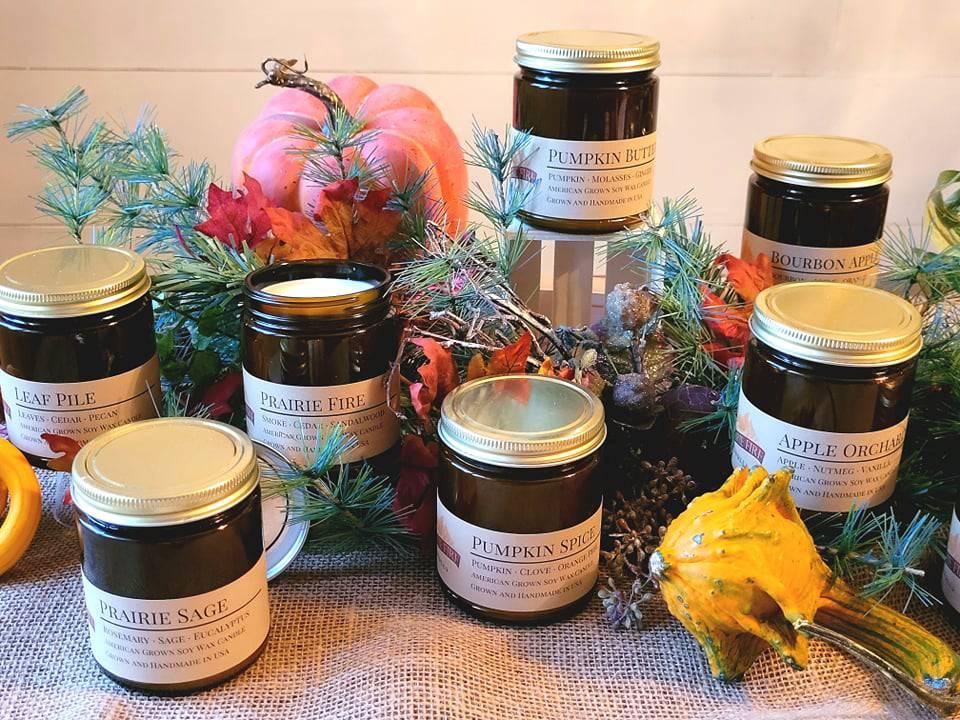 Pecan Pralines soy wax candle in a 9 oz amber apothecary jar from Prairie Fire Tallow, Candles, and Lavender.