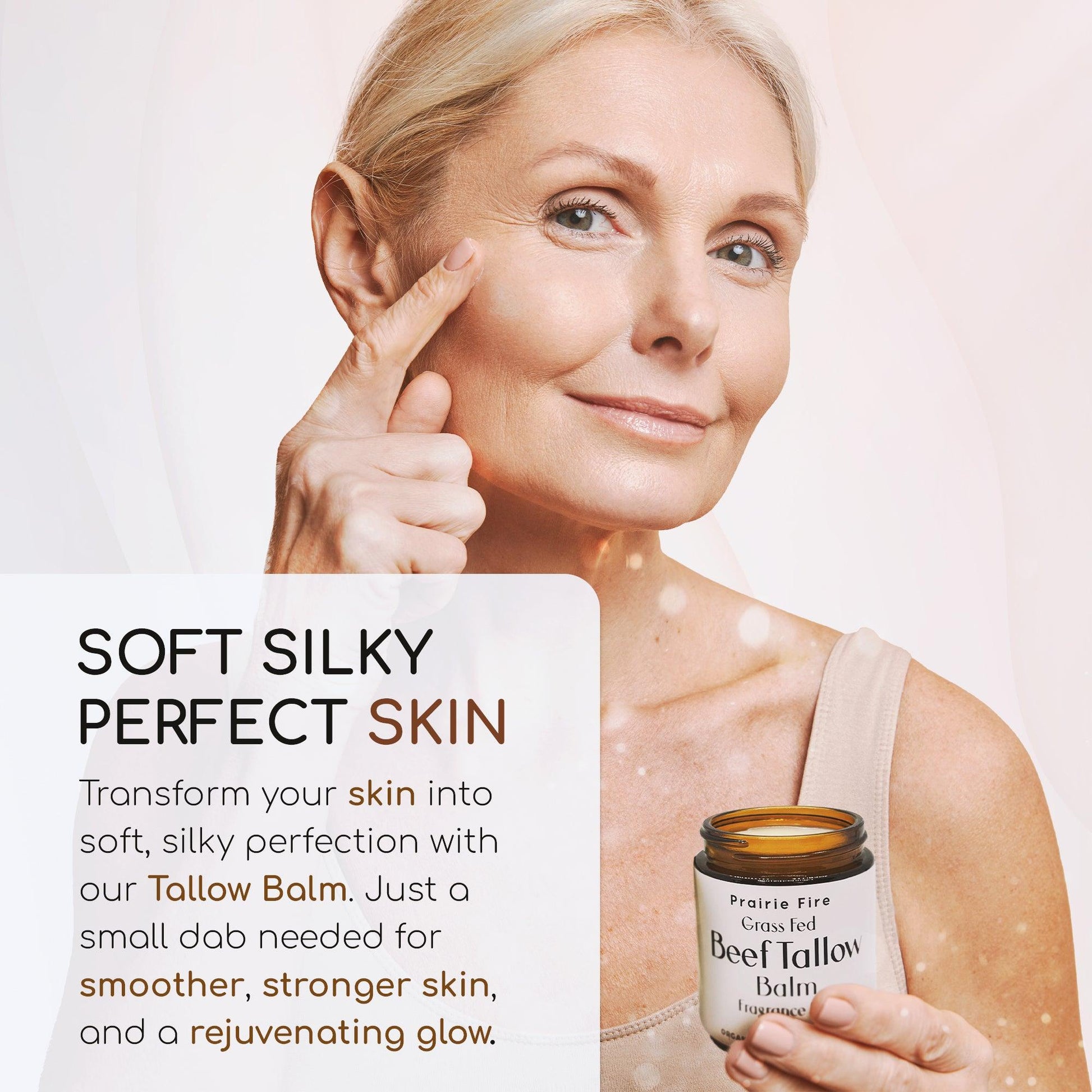 Prairie Fire Tallow Moisturizing Balm in 2 oz container, organic grass-fed beef tallow, fragrance-free skin care lotion.