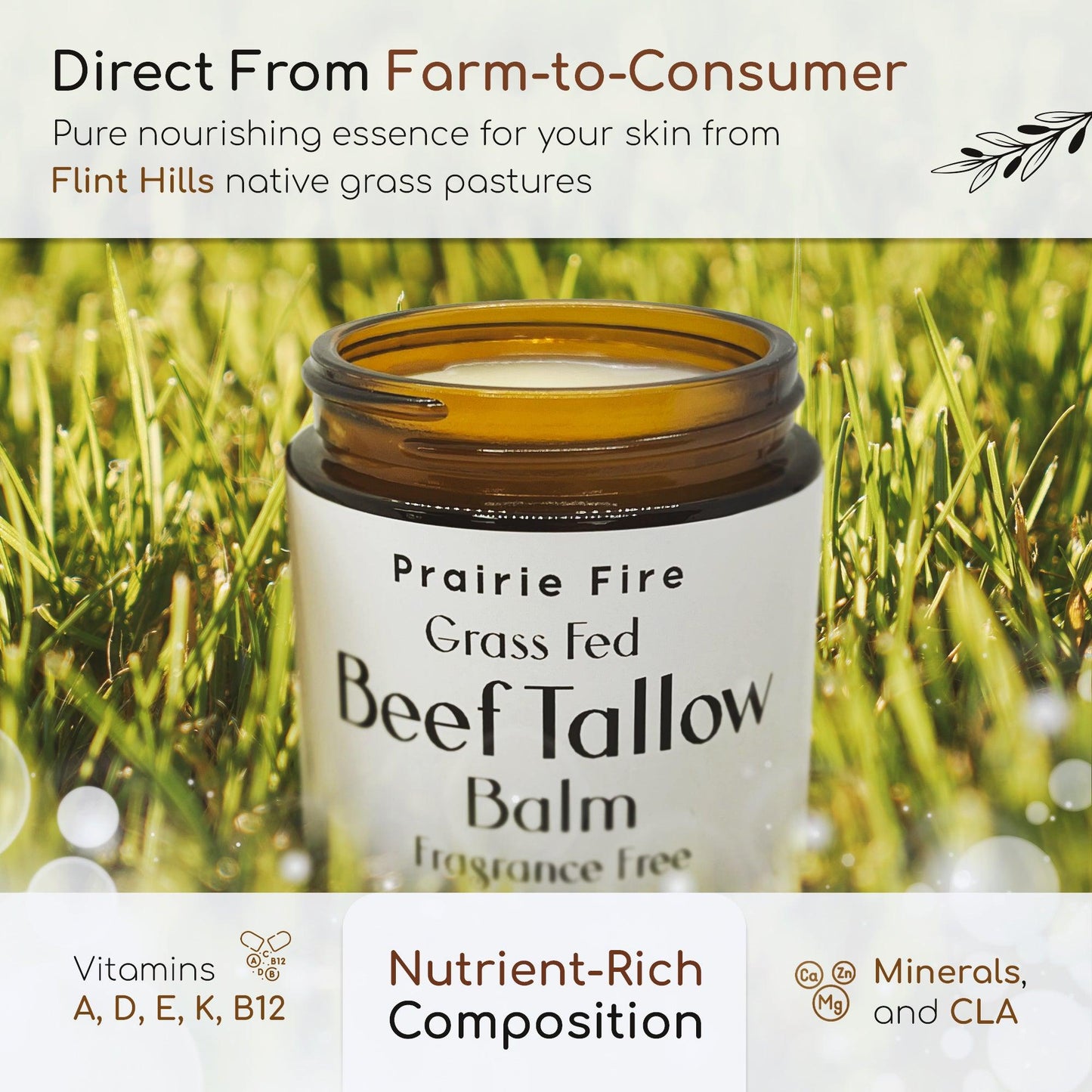 Prairie Fire Tallow Beef Tallow Balm in 4 oz jar, organic grass-fed, fragrance-free moisturizer for skin care, made in USA.