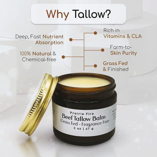Prairie Fire Tallow Beef Tallow Balm in 4 oz jar, organic grass-fed finished tallow, moisturizing skin care lotion, fragrance-free.