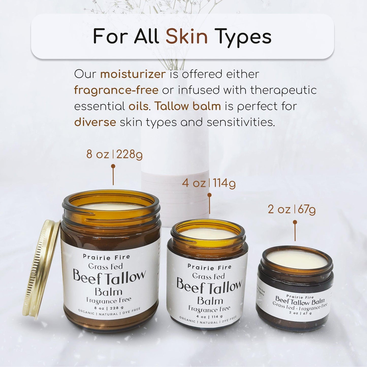 Beef Tallow Balm in a 4 oz jar by Prairie Fire Tallow, Moisturizing skin care made with organic, grass-fed finished tallow.