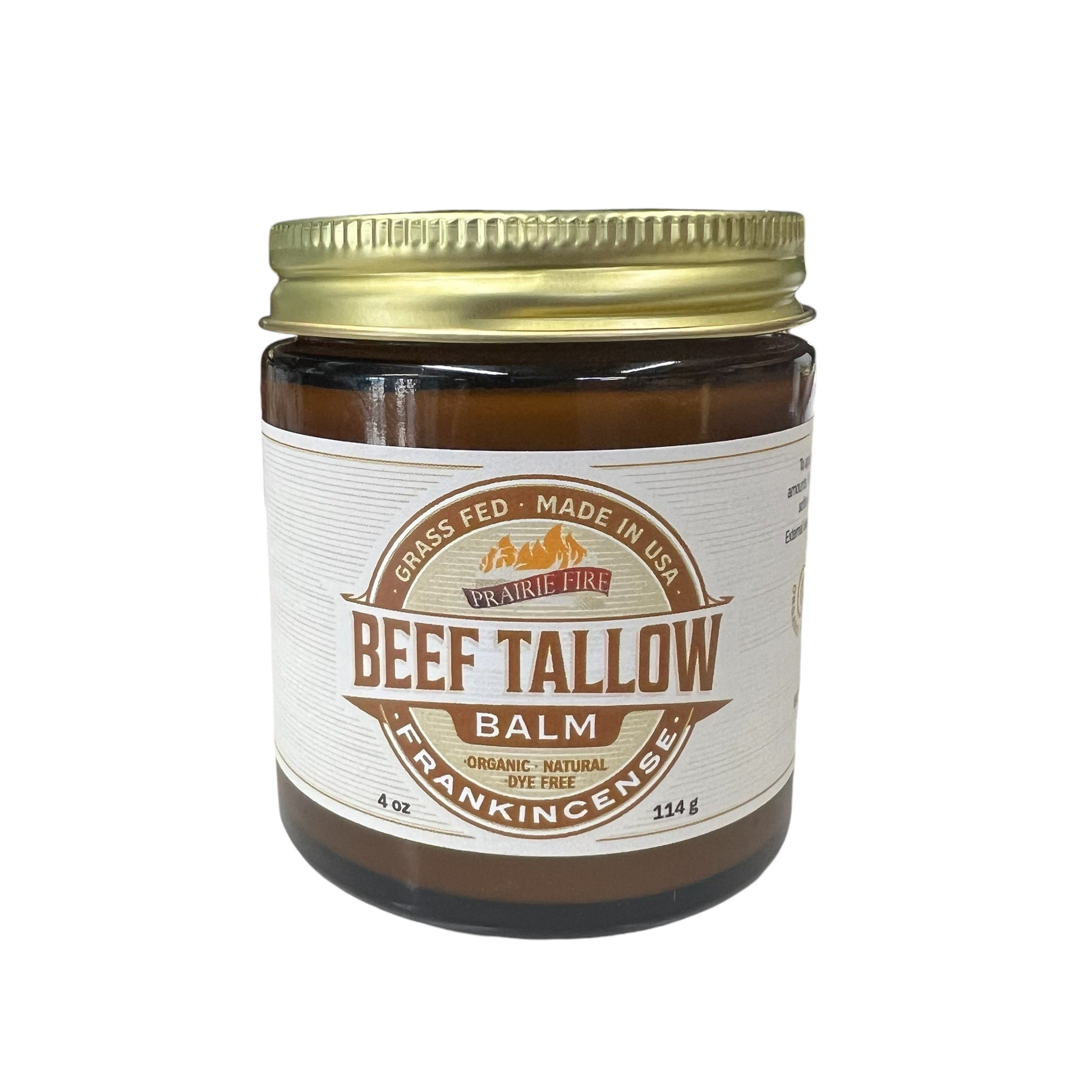 Prairie Fire Tallow Beef Tallow Balm 4 oz moisturizer in a jar, featuring natural, organic grass-fed tallow for skin hydration.