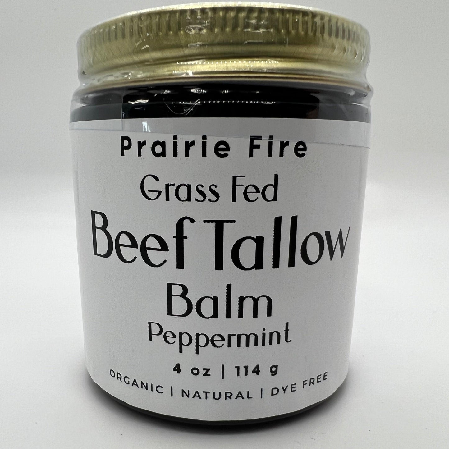 Organic beef tallow balm in a 4 oz jar, made in the USA, moisturizing skin care from Prairie Fire Tallow with natural grass-fed tallow.
