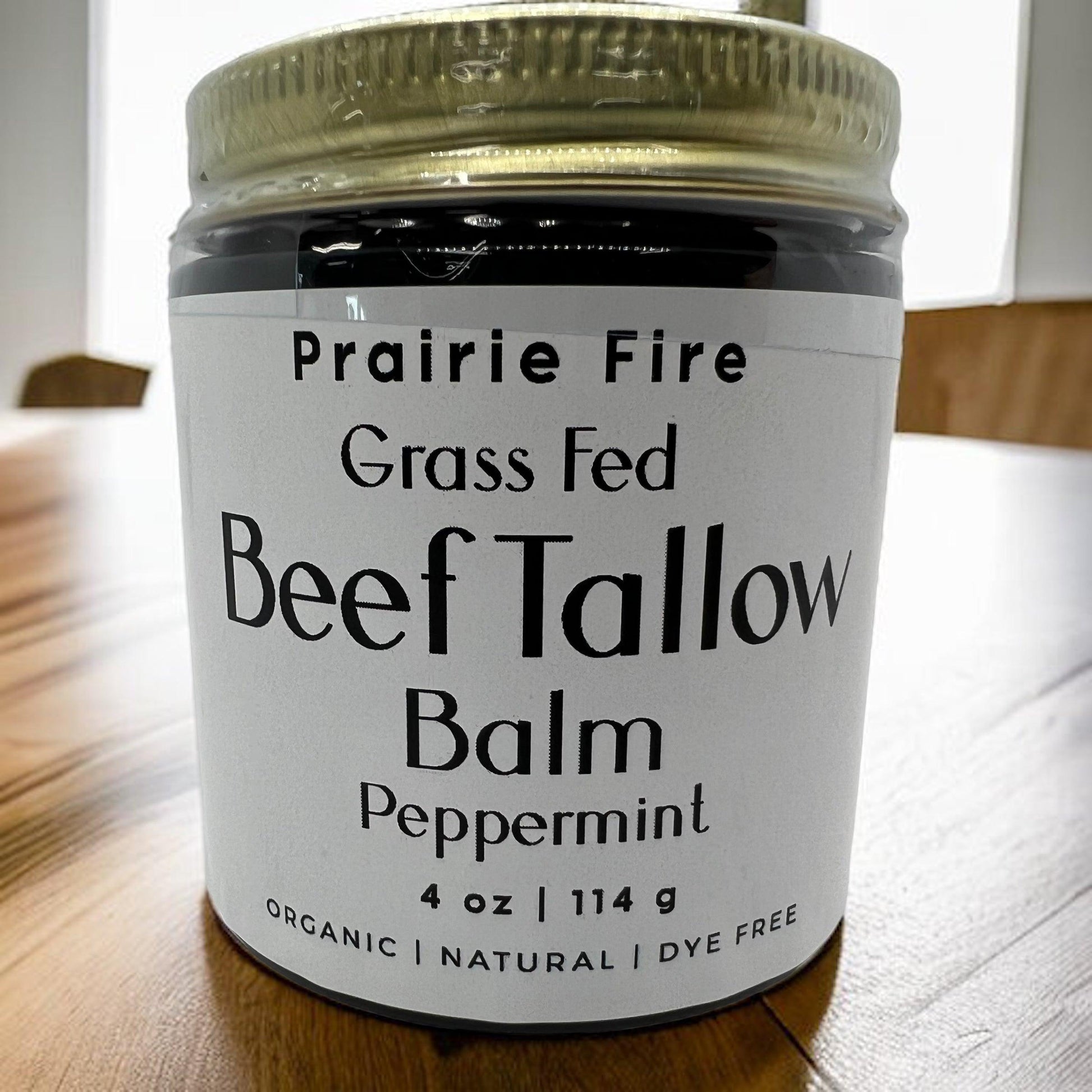 Prairie Fire Tallow organic beef tallow balm in 4 oz container, moisturizing skin care made in USA with grass-fed, finished tallow
