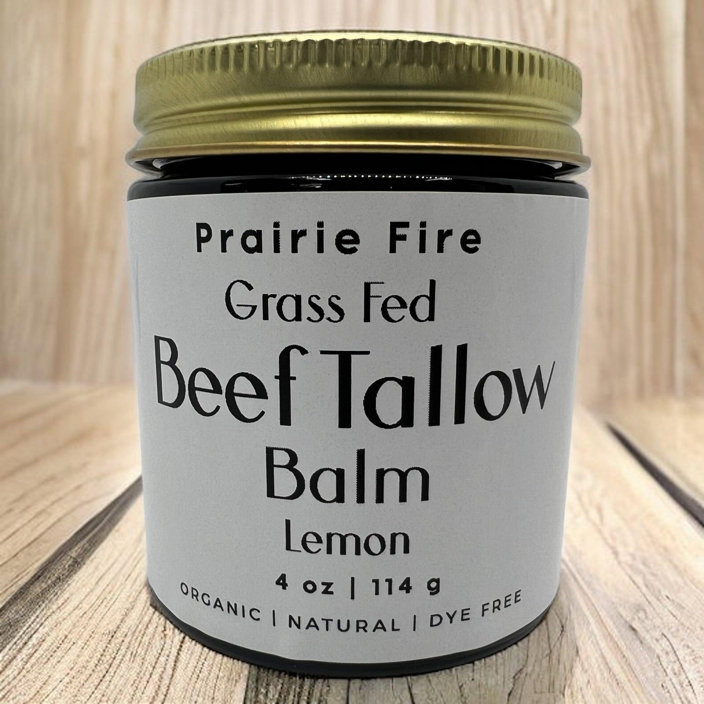 Organic beef tallow balm by Prairie Fire Tallow in a 4 oz jar, moisturizing skin care made with grass-fed, finished tallow, fragrance-free.