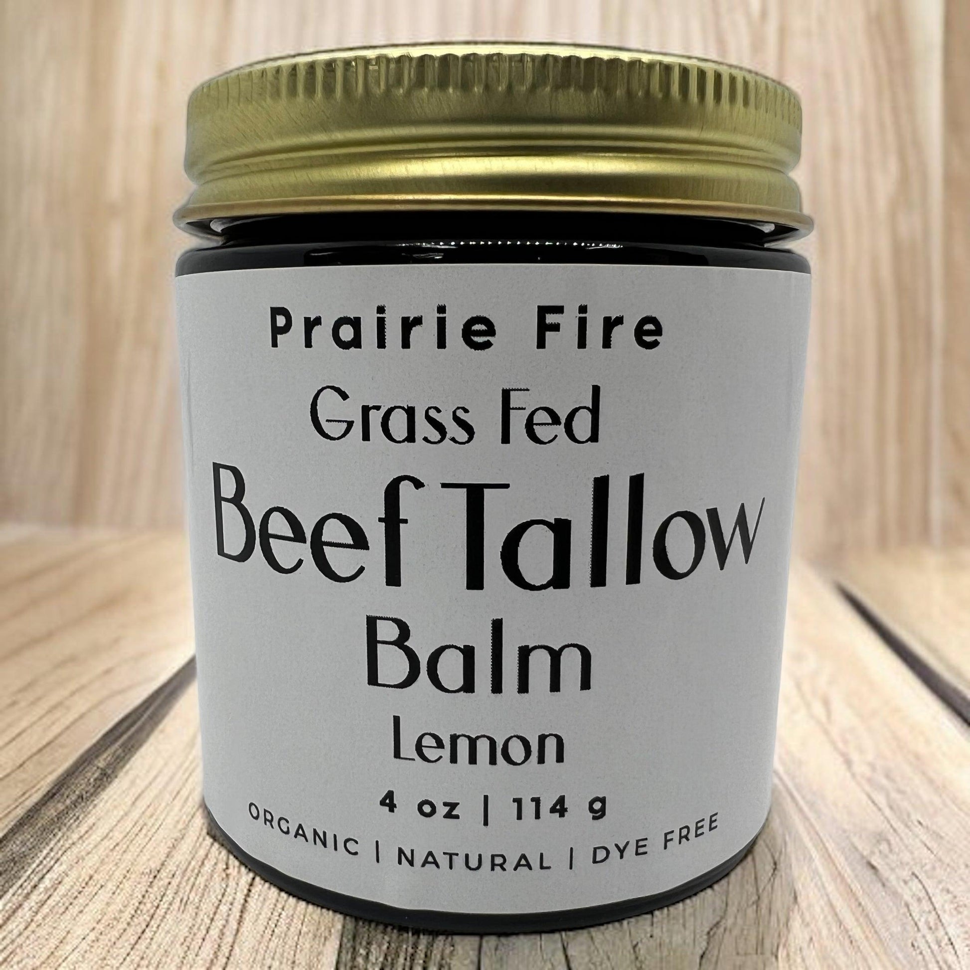 Organic beef tallow balm by Prairie Fire Tallow in a 4 oz jar, moisturizing skin care made with grass-fed, finished tallow, fragrance-free.