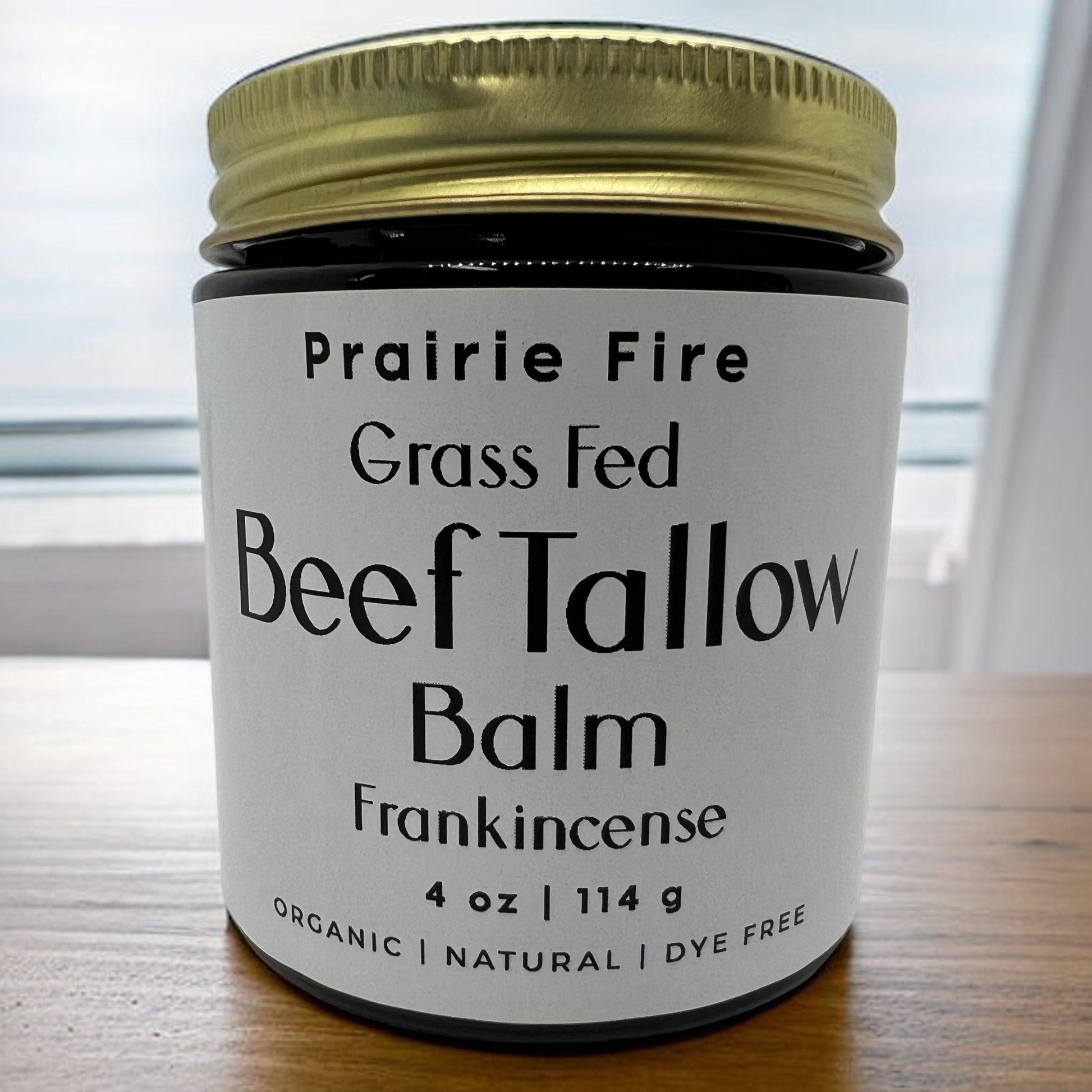 Prairie Fire Tallow Beef Tallow Balm in a 4 oz jar, organic grass-fed, fragrance-free moisturizer for skin care.