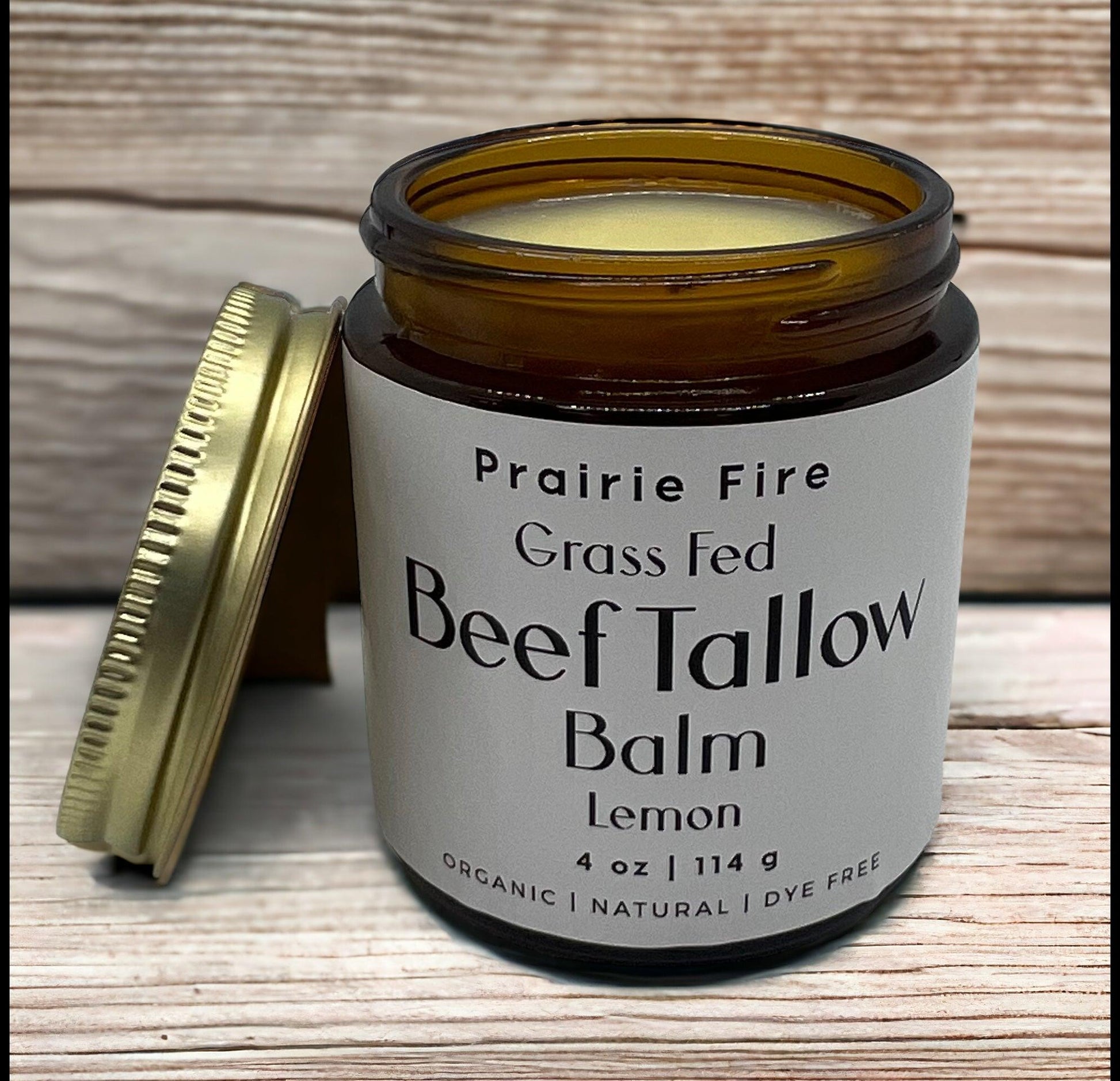 Organic beef tallow balm in a 4 oz jar by Prairie Fire Tallow, moisturizing skin care made in the USA from grass-fed tallow.