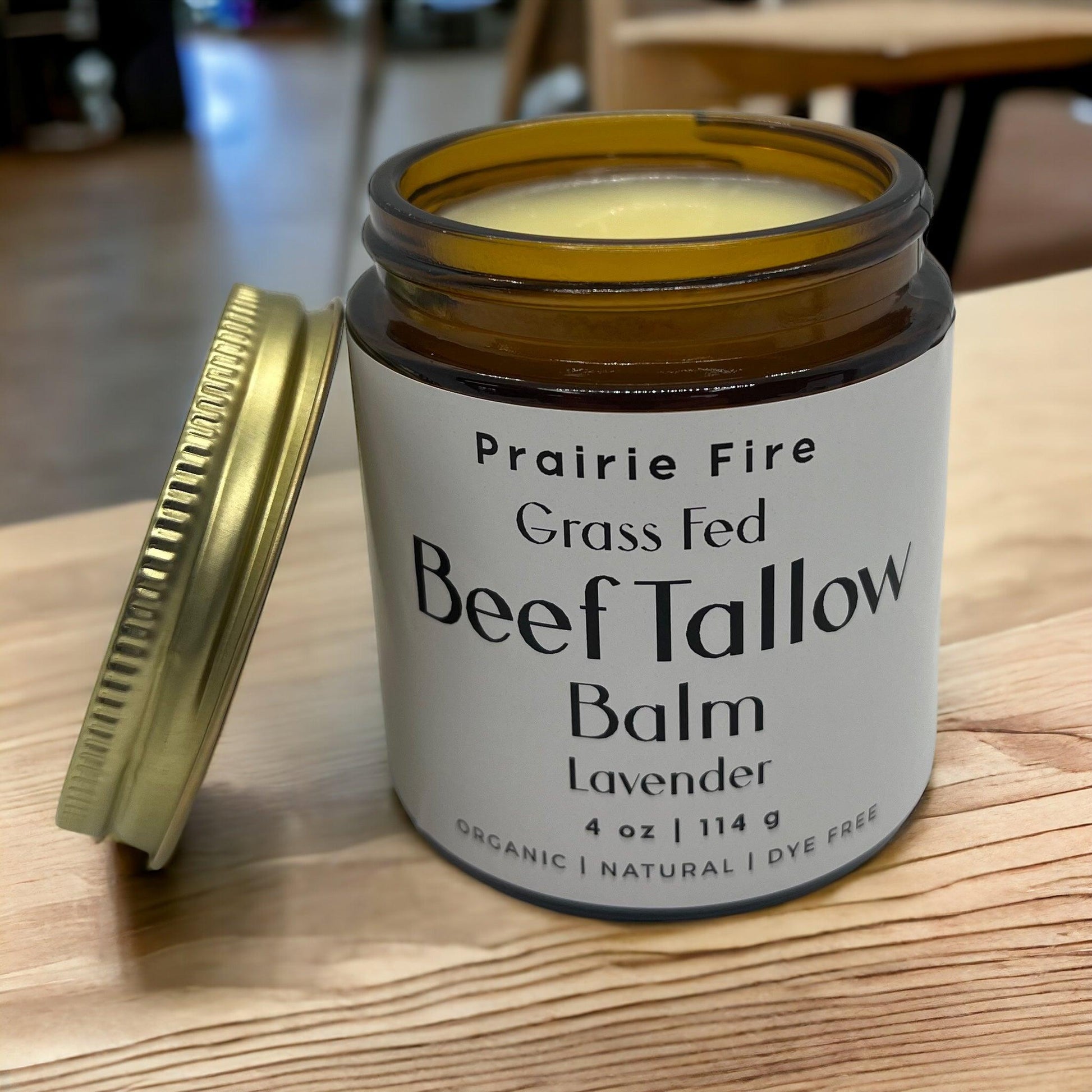 Prairie Fire Tallow Balm 4 oz organic grass-fed beef tallow moisturizer jar, natural skin care, fragrance-free, made in USA.