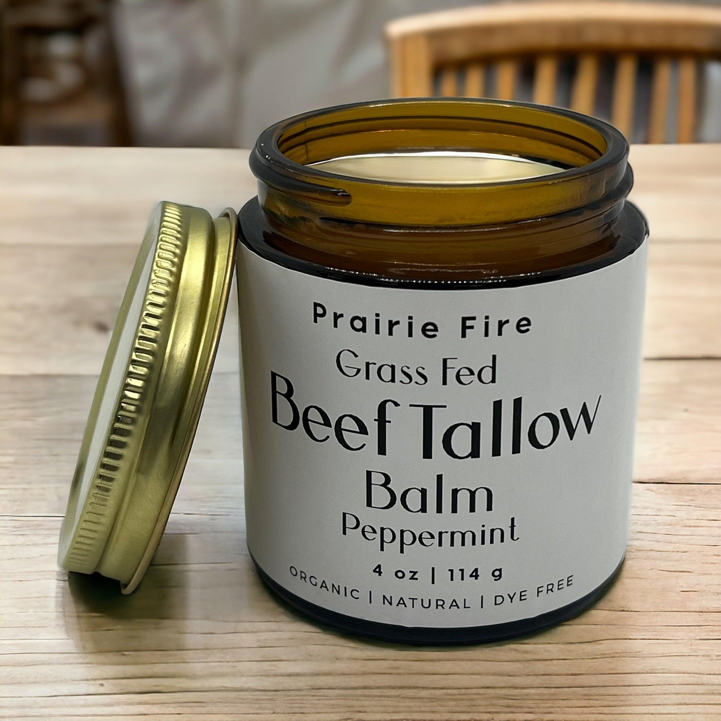 Prairie Fire Tallow Beef Tallow Balm 4 oz moisturizer jar, organic grass-fed tallow, fragrance-free skin care product, made in USA.