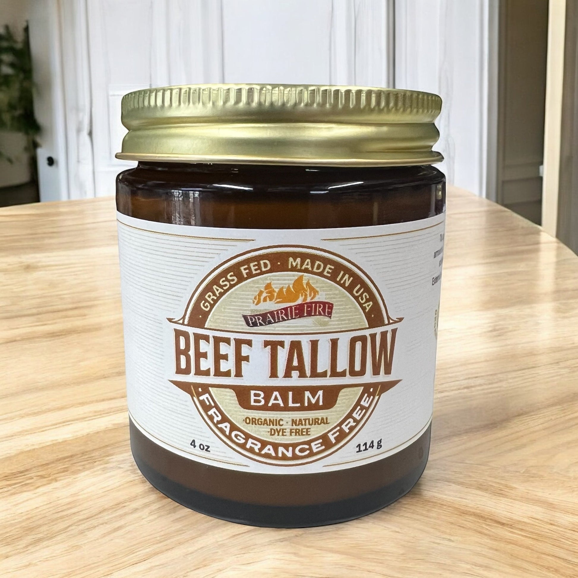 Beef Tallow Balm by Prairie Fire Tallow, 4 oz, organic grass-fed, fragrance-free moisturizer in a jar, made in the USA.
