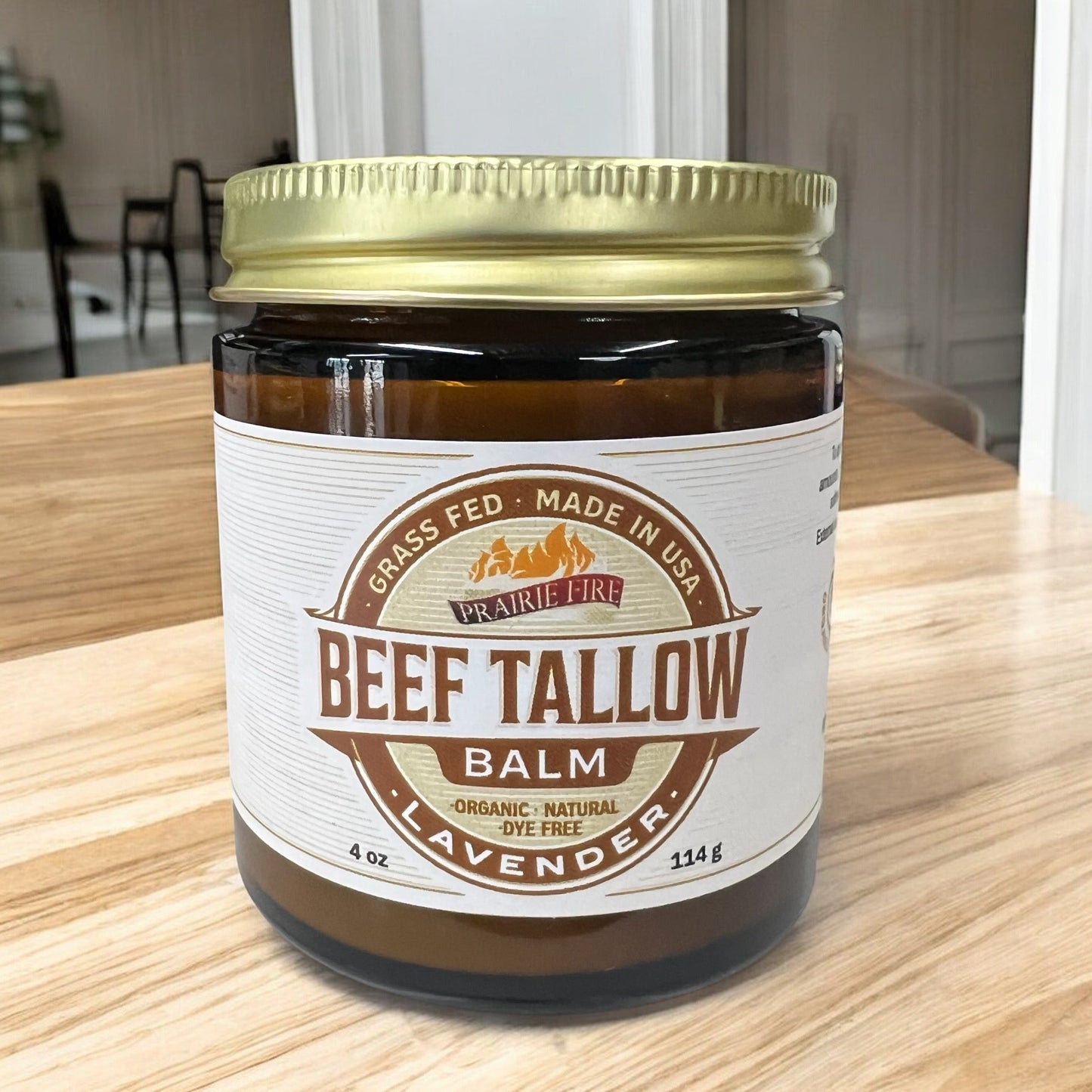 Prairie Fire Tallow Moisturizer in 4 oz jar, organic grass-fed beef tallow, fragrance-free skin care lotion, made in USA.