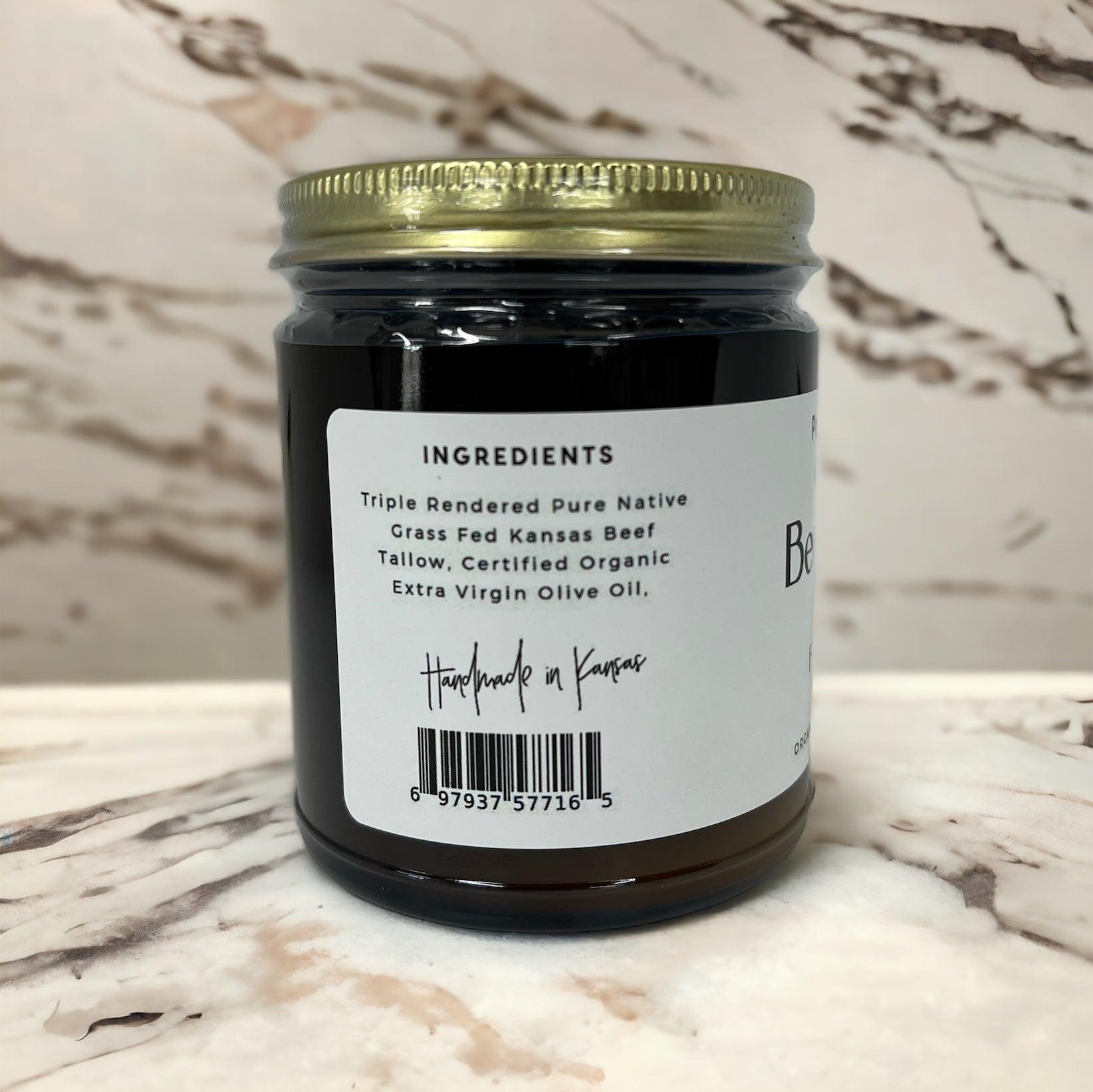 Organic beef tallow balm in an 8 oz jar by Prairie Fire Tallow, moisturizing skin care made in the USA with grass-fed, finished beef.