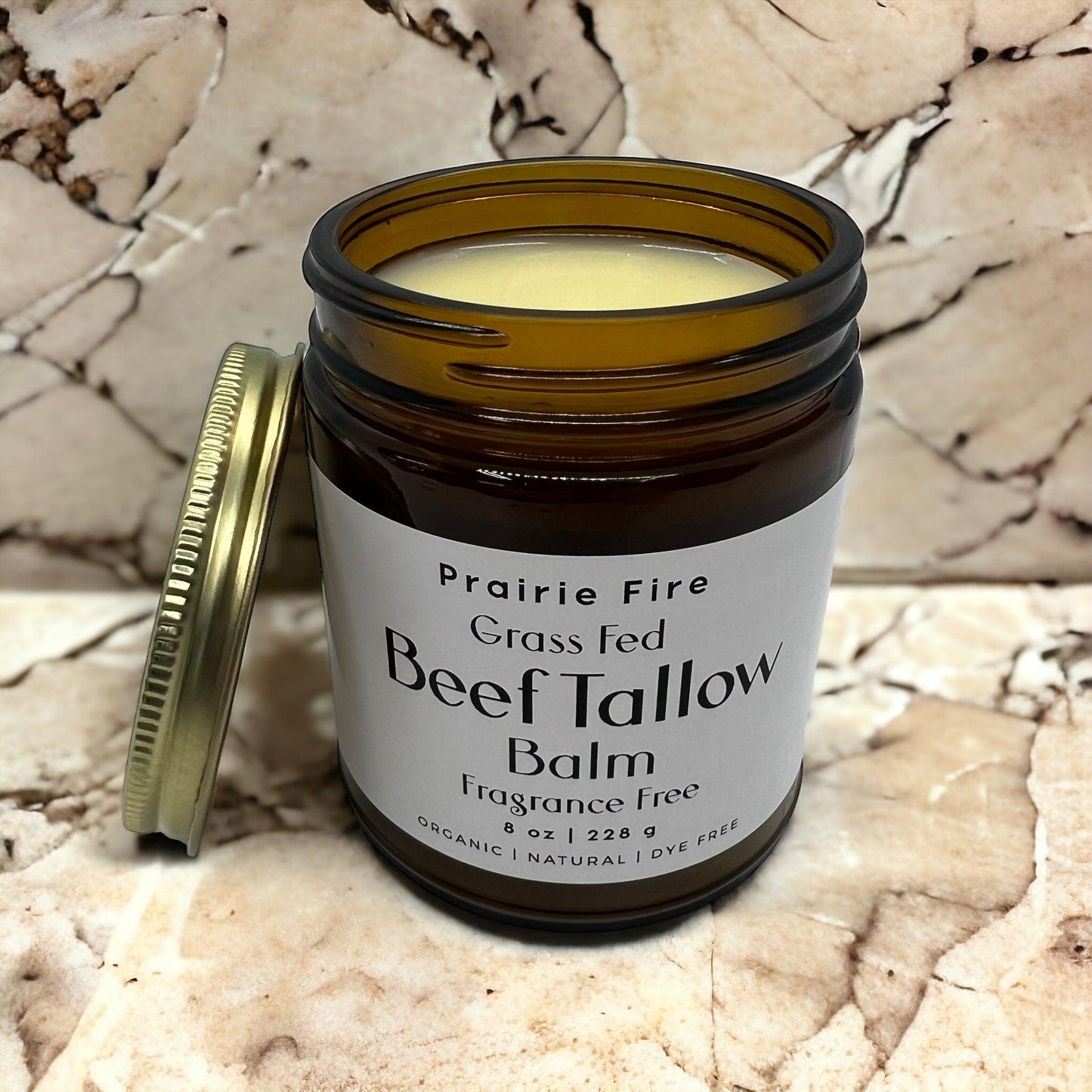 Organic beef tallow balm in an 8 oz jar by Prairie Fire Tallow, moisturizing natural skin care made in the USA.