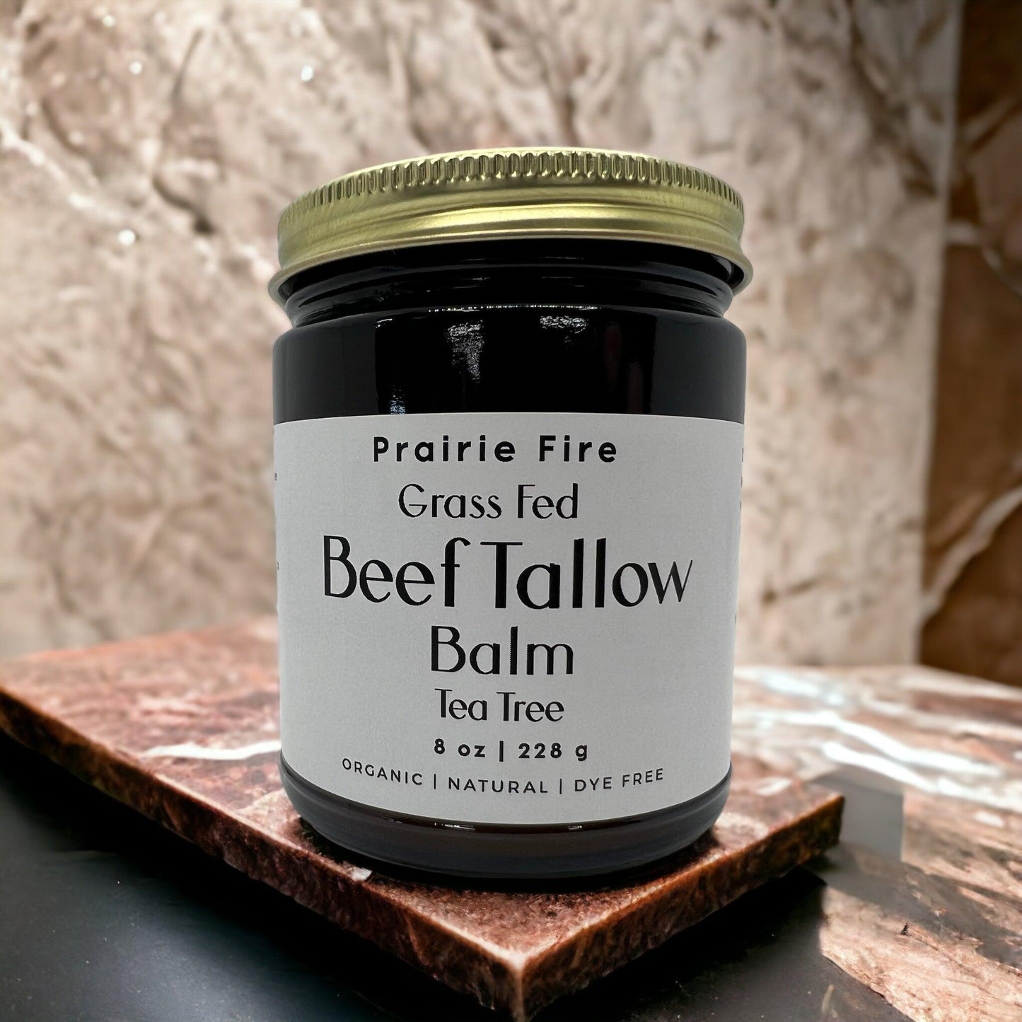 Organic beef tallow balm in an 8 oz jar by Prairie Fire Tallow, moisturizing skin care made in the USA from grass-fed beef.