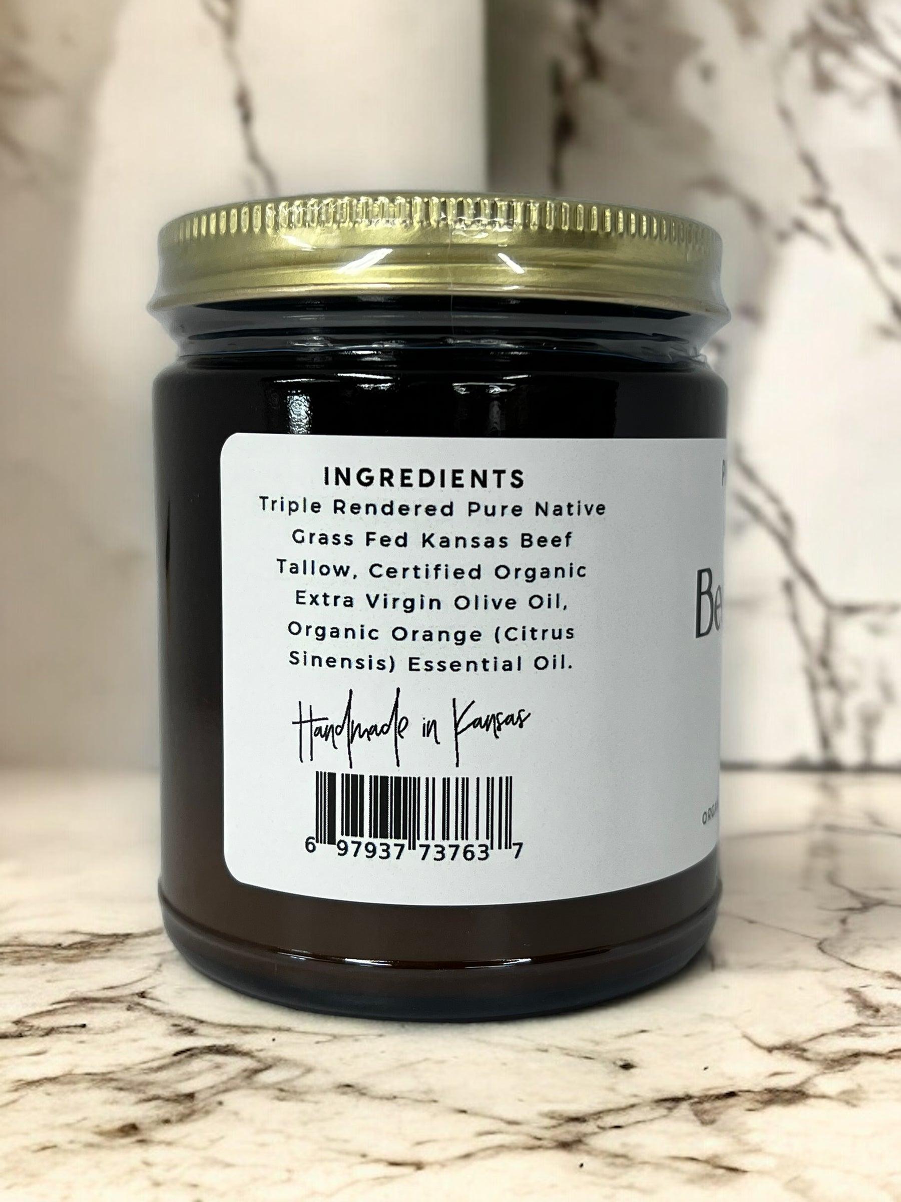 Organic Beef Tallow Balm by Prairie Fire in 8 oz jar, moisturizing lotion made in USA from grass-fed, finished beef tallow.