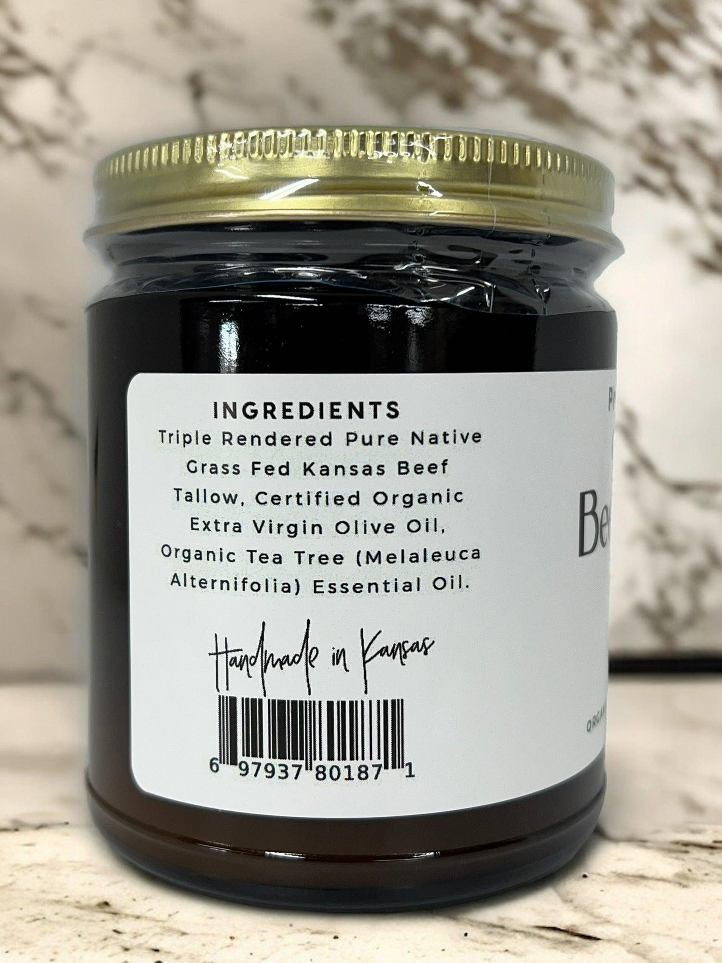 Organic Beef Tallow Balm by Prairie Fire in 8 oz jar, moisturizing skin care with grass-fed, finished beef tallow, fragrance-free lotion.