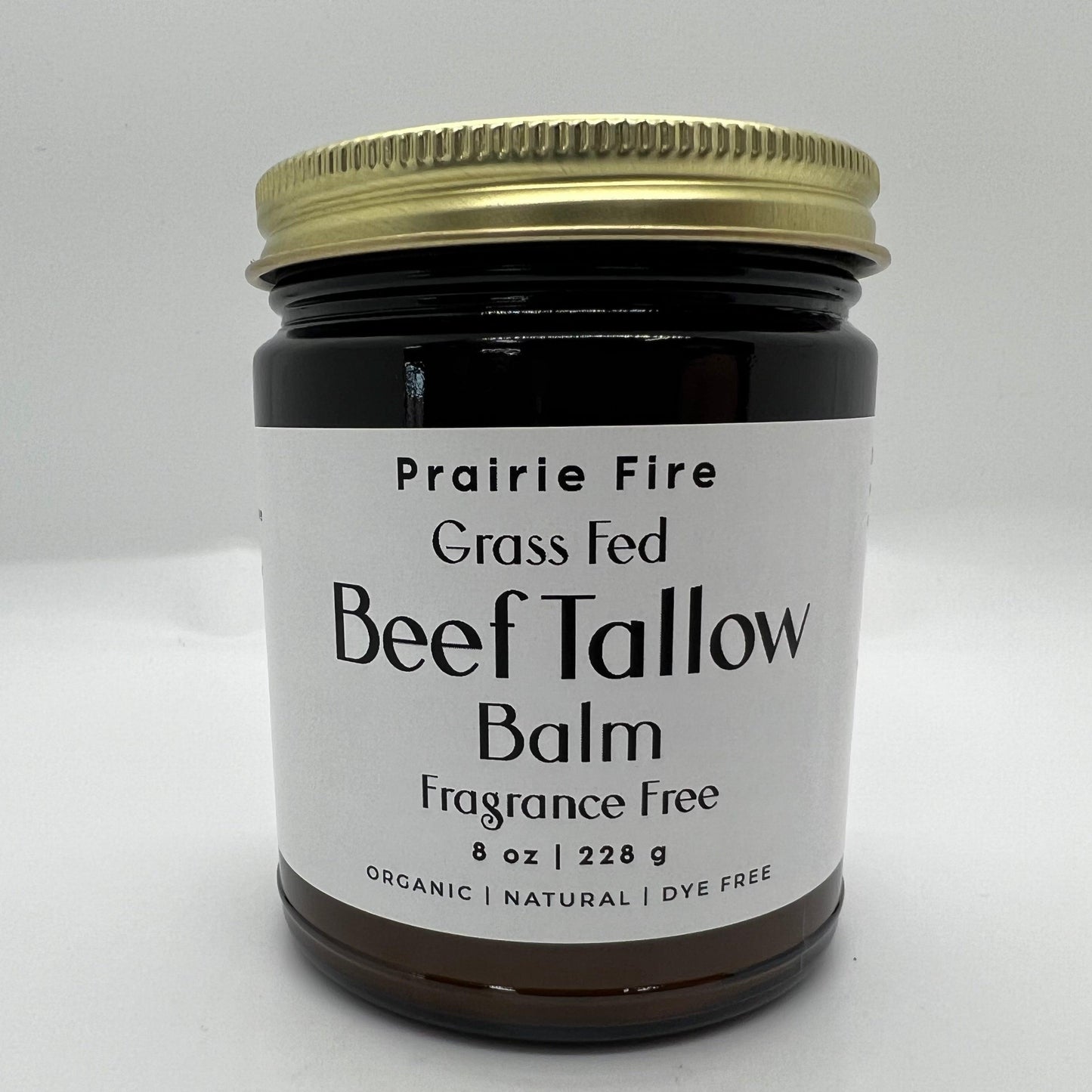 Organic beef tallow balm in 8 oz jar from Prairie Fire Tallow, moisturizing skin care made in USA with grass-fed, finished beef fat.