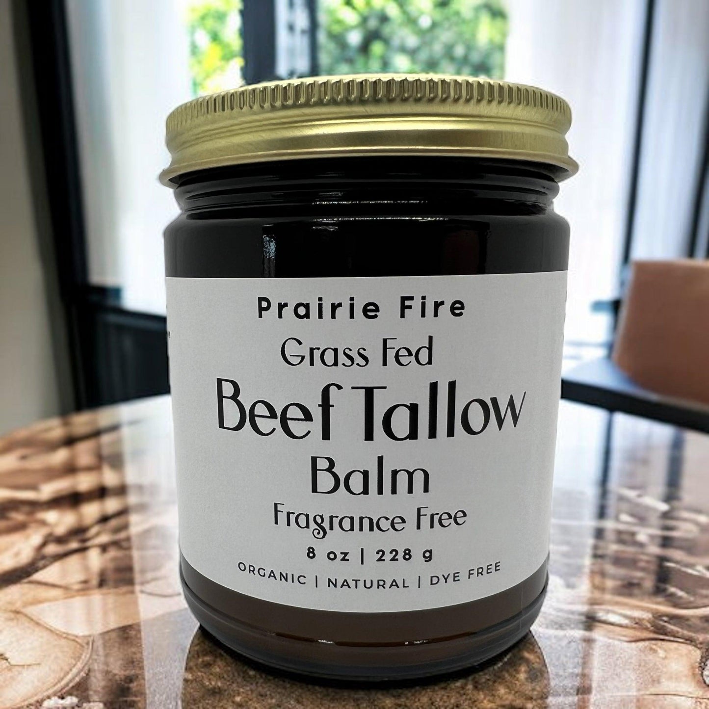 Organic Beef Tallow Balm in 8 oz jar by Prairie Fire, moisturizing skin care made in the USA from grass-fed, finished beef tallow.