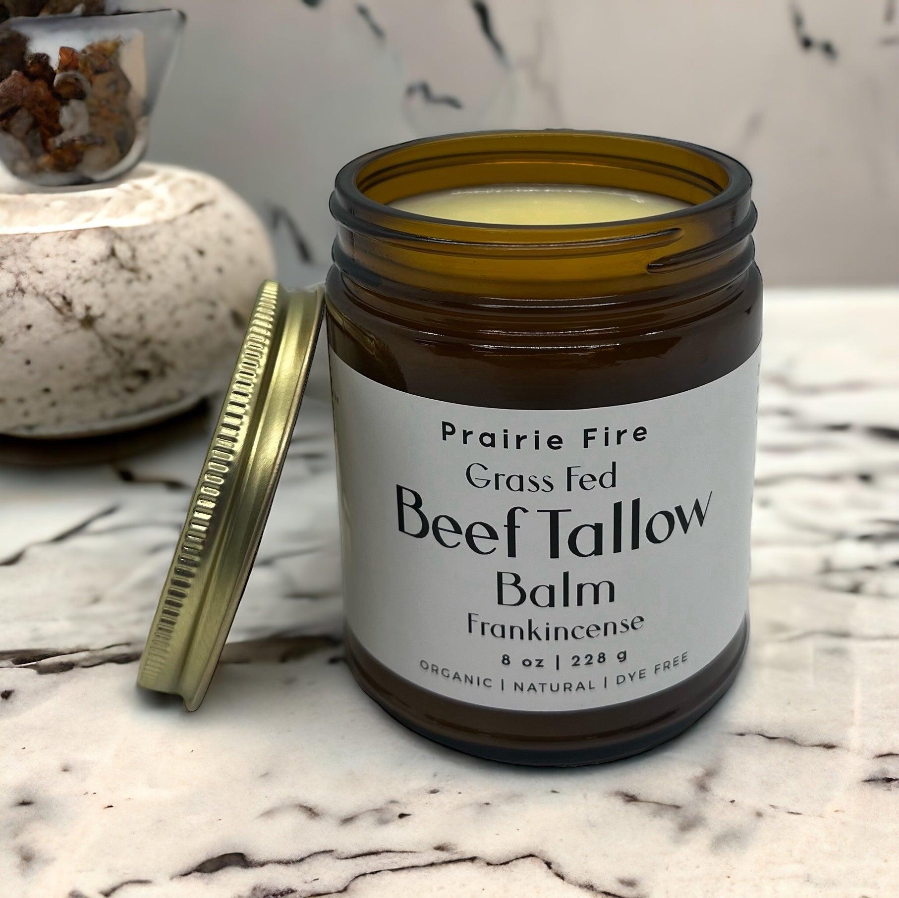 Organic beef tallow balm in an 8 oz jar by Prairie Fire, moisturizing skin care made in the USA from grass-fed, finished beef tallow.