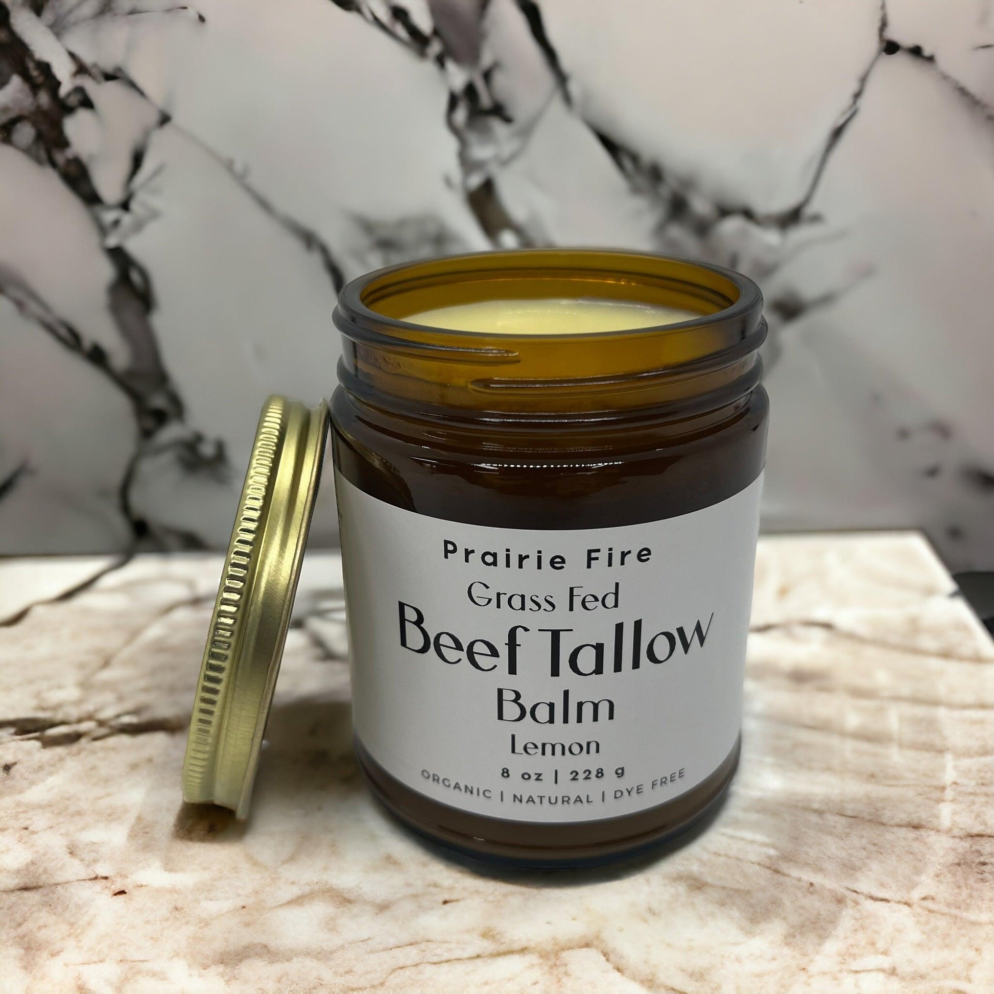Organic beef tallow balm in 8 oz jar from Prairie Fire Tallow, moisturizing skin care made in the USA with grass-fed, finished beef fat.