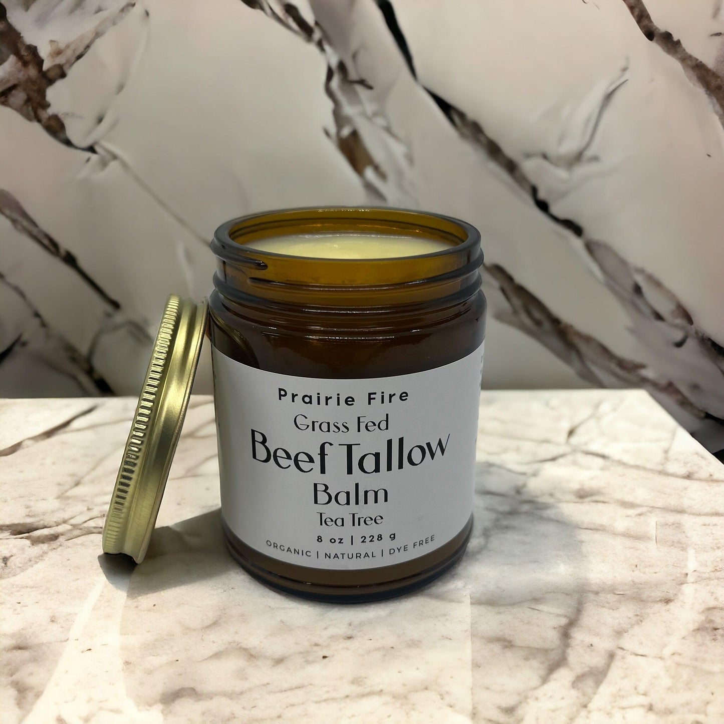 Organic beef tallow balm in 8 oz jar from Prairie Fire Tallow, moisturizing skin care made in USA with grass-fed, finished beef tallow.