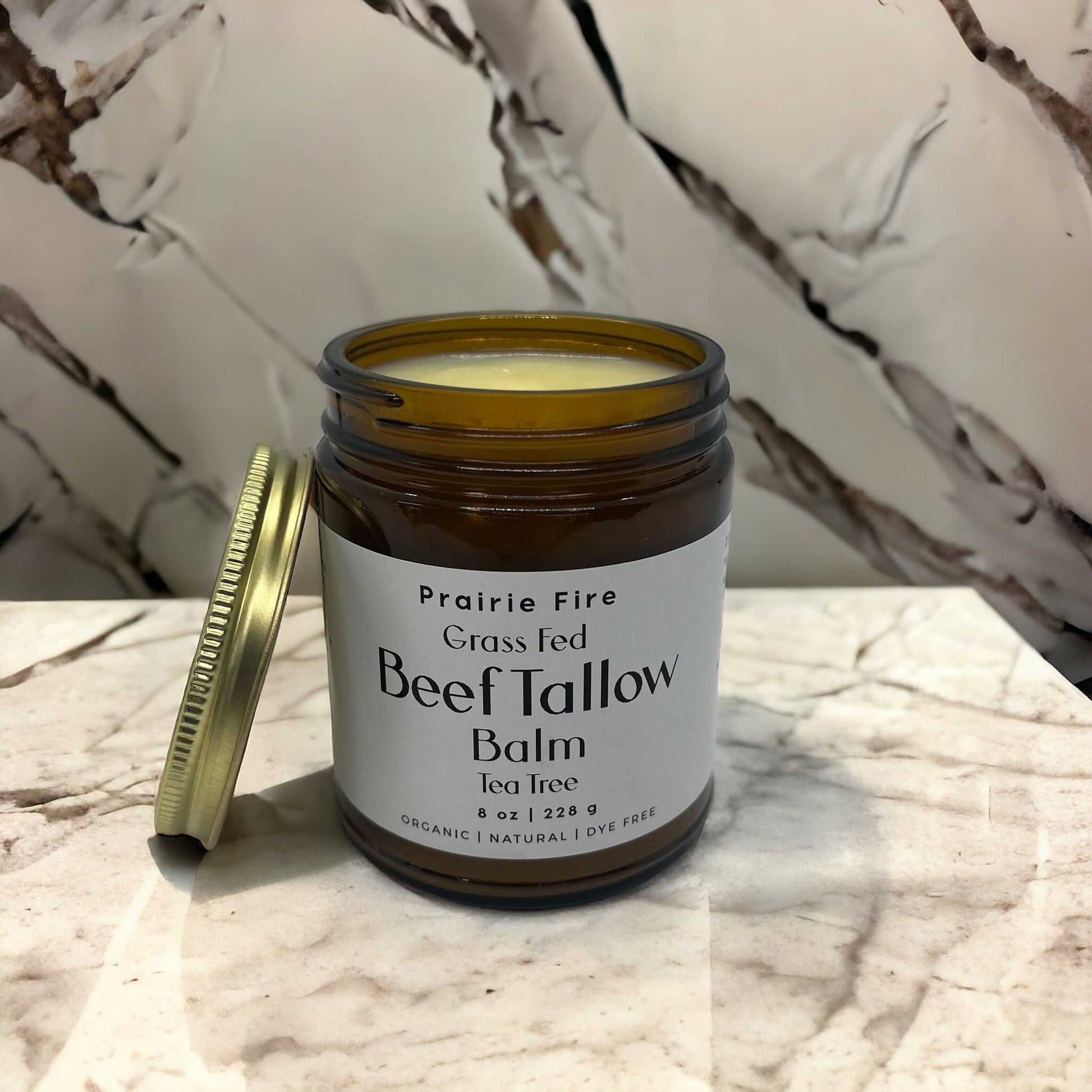 Organic beef tallow balm in 8 oz jar from Prairie Fire Tallow, moisturizing skin care made in USA with grass-fed, finished beef tallow.