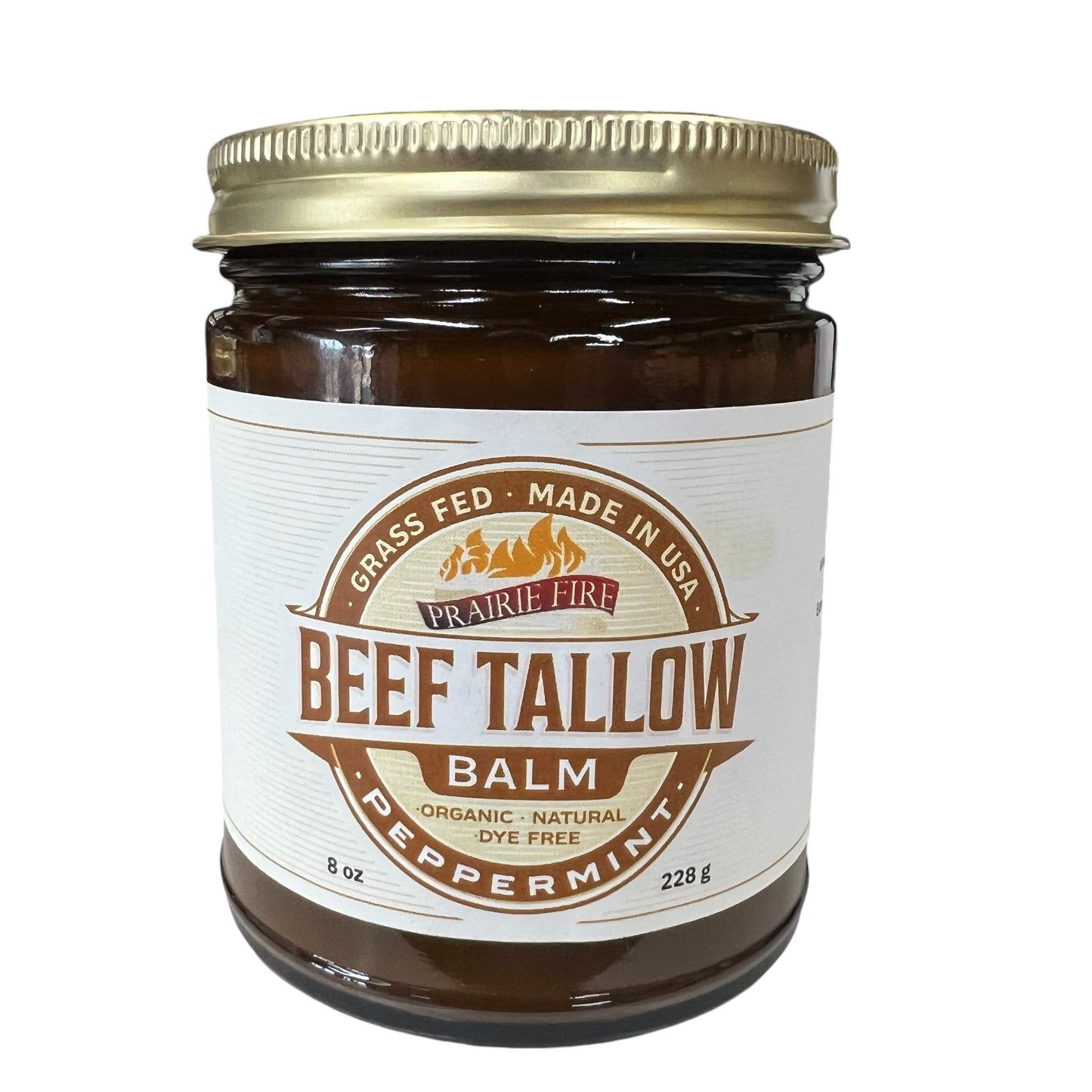 Organic beef tallow balm from Prairie Fire in an 8 oz jar, moisturizing skin care made in the USA with grass-fed, finished beef tallow.