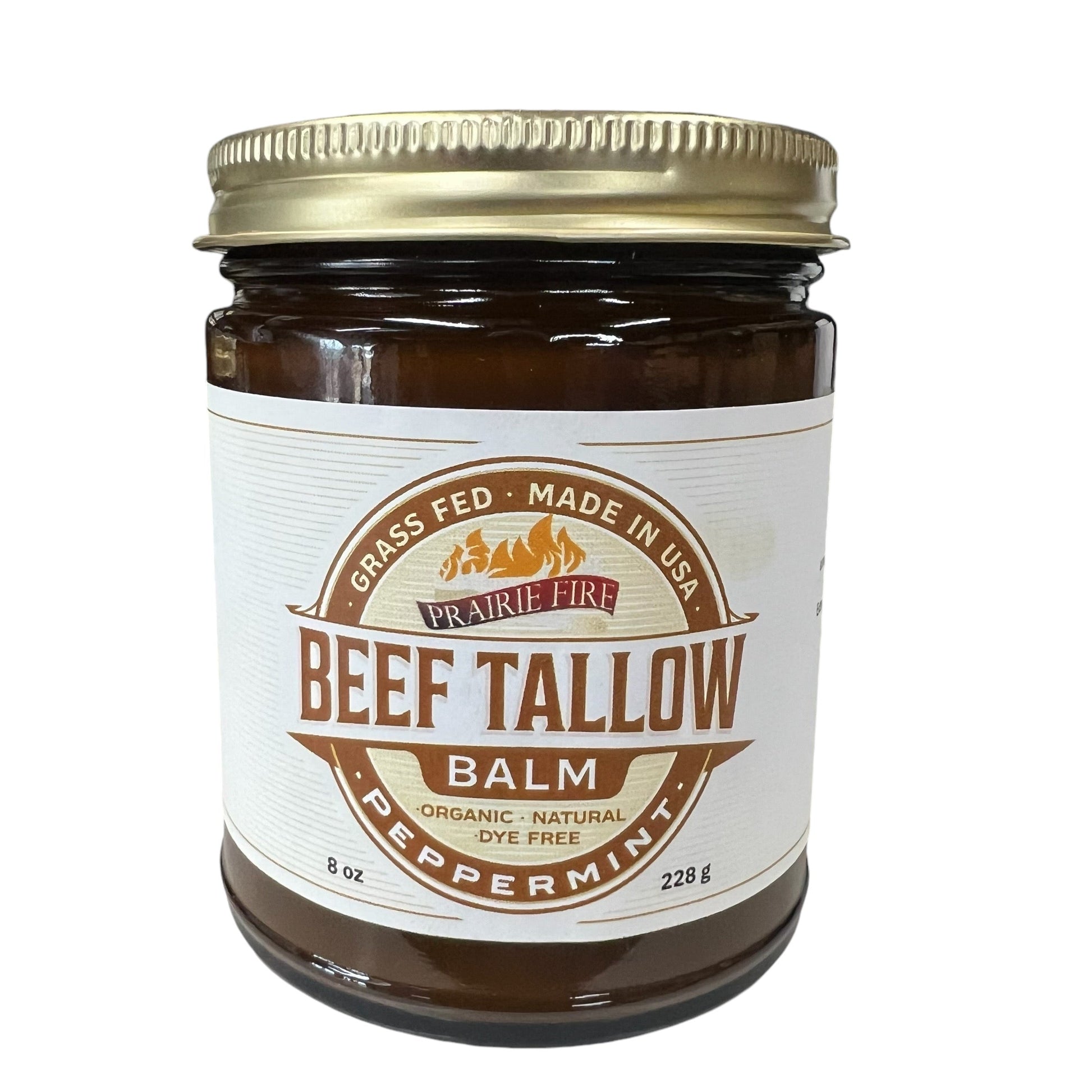 Organic beef tallow balm from Prairie Fire in an 8 oz jar, moisturizing skin care made in the USA with grass-fed, finished beef tallow.