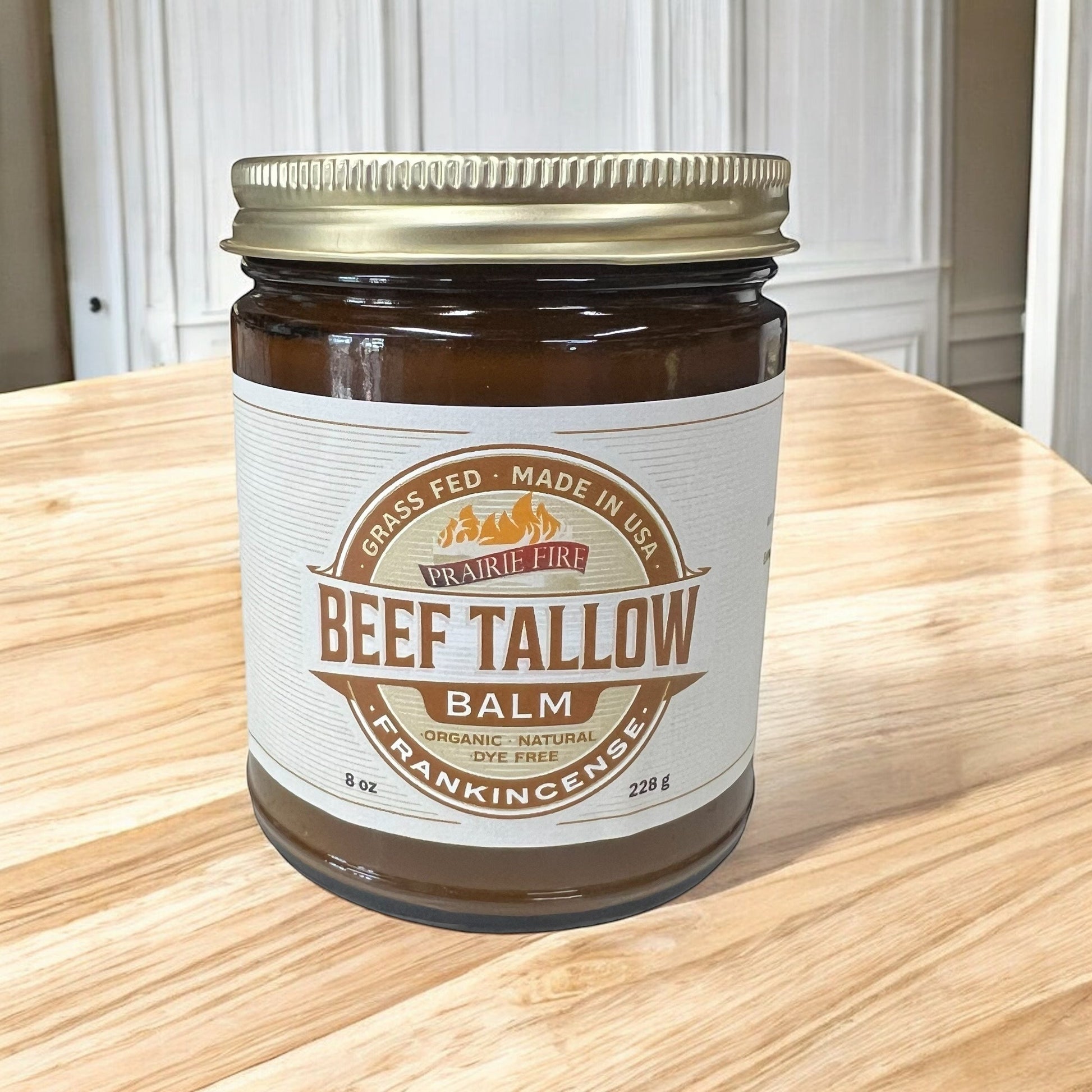 Organic beef tallow balm in an 8 oz jar from Prairie Fire Tallow, moisturizing skin care made in the USA from grass-fed beef.