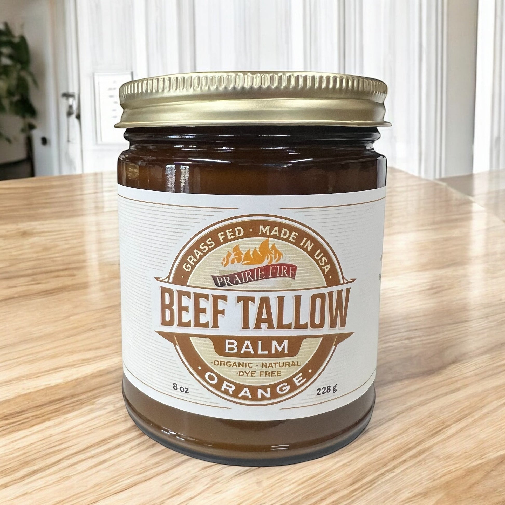 Organic beef tallow balm in 8 oz jar, Prairie Fire Tallow moisturizer, made in USA, grass-fed, fragrance-free skin care product.