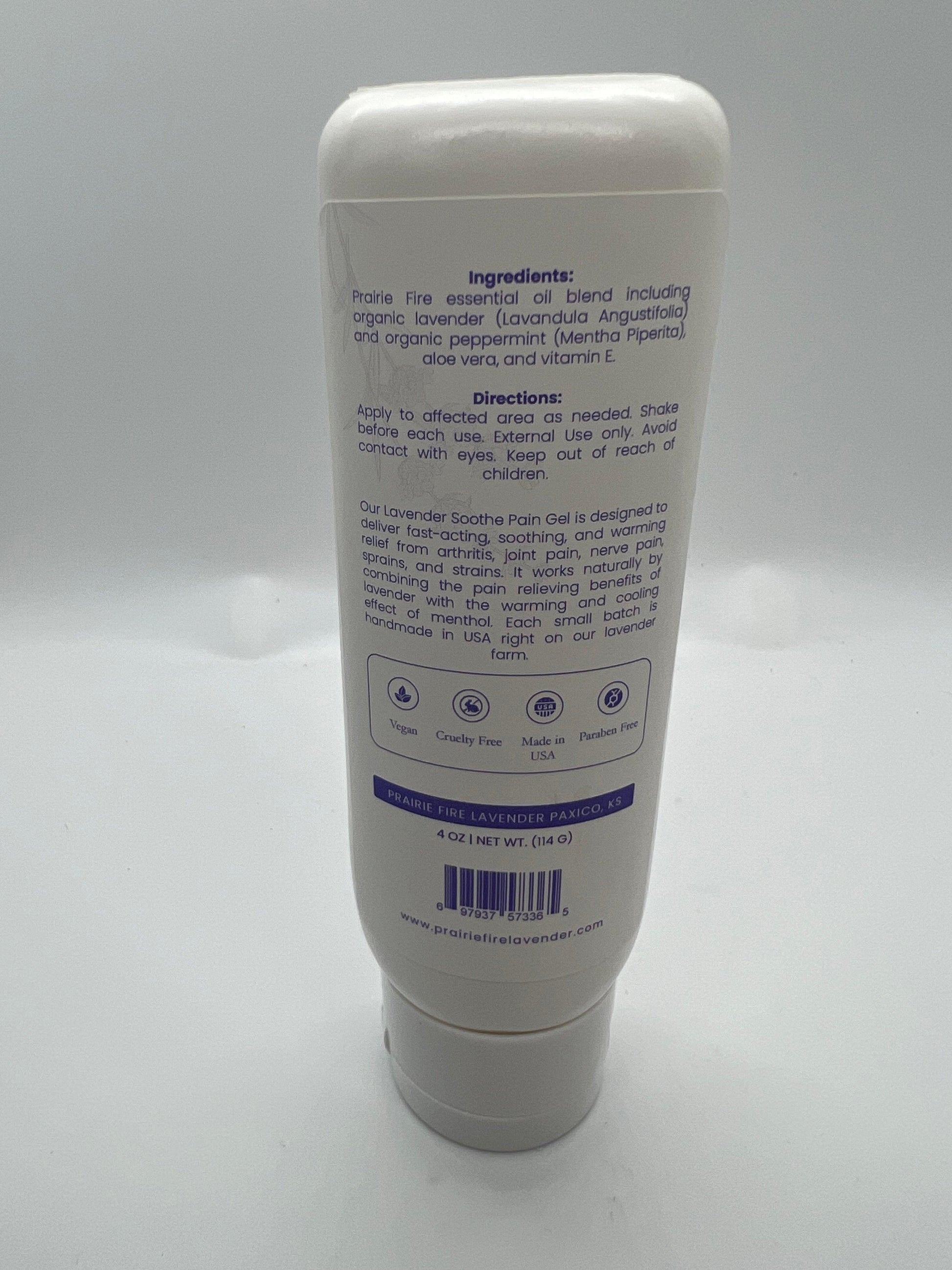 Lavender & Menthol Soothe Pain Gel from Prairie Fire Tallow, Candles & Lavender, 4 oz. jar with lavender and menthol elements.