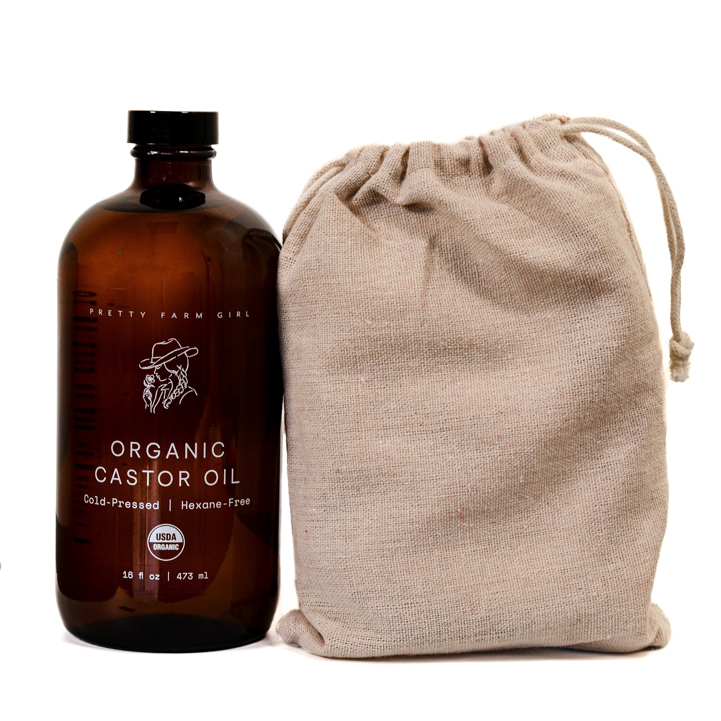 Organic Pure Castor Oil and cloth pack bundle by Pretty Farm Girl, featuring 8oz of castor oil and reusable cloth.