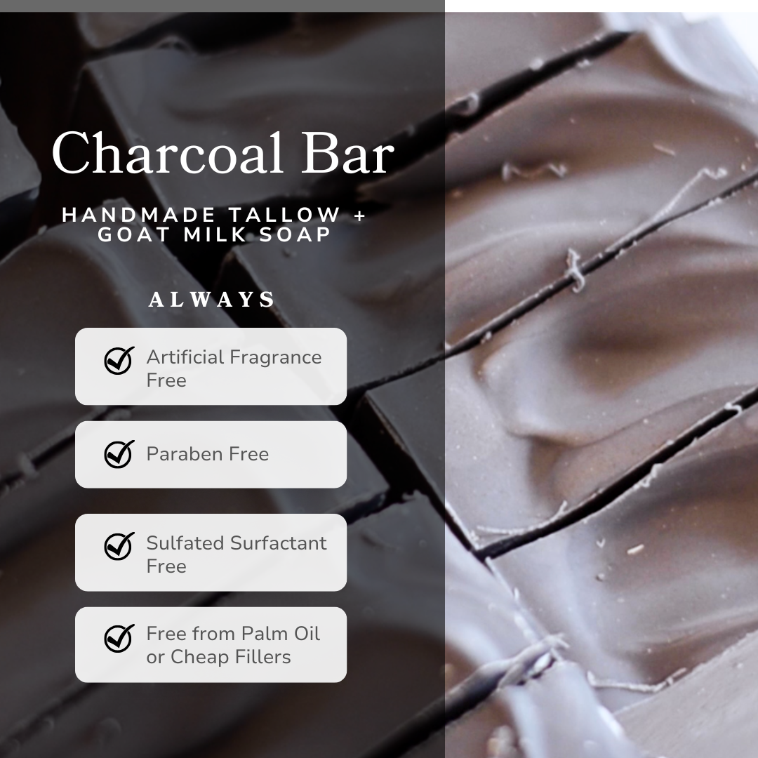 Handmade clarifying charcoal soap bar with tallow and goat milk by Pretty Farm Girl, showing the rustic soap with natural ingredients.