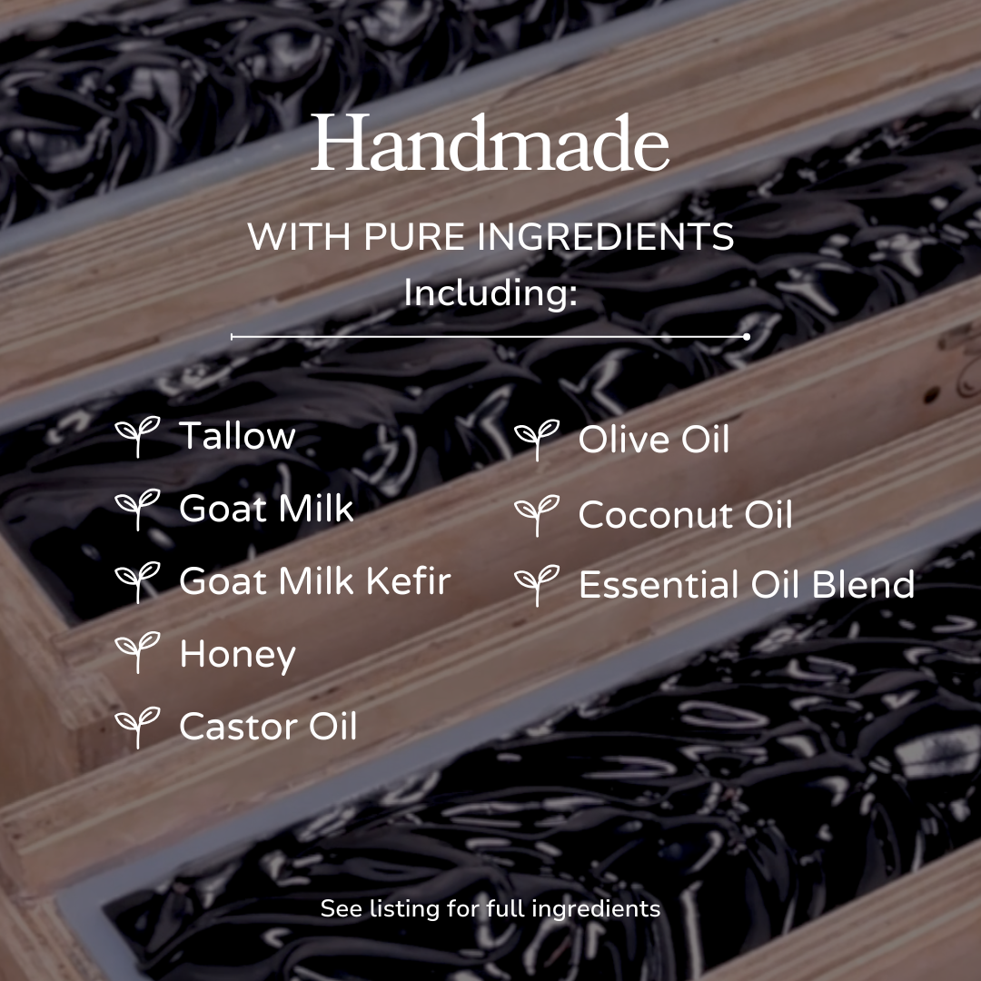 Handmade Clarifying Charcoal Bar Soap by Pretty Farm Girl featuring tallow and goat milk, displayed in a rustic setting.