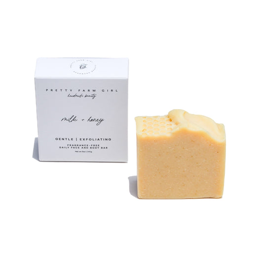 Handmade Milk and Honey soap bar by Pretty Farm Girl, fragrance-free with tallow and goat milk, displayed on a neutral background.