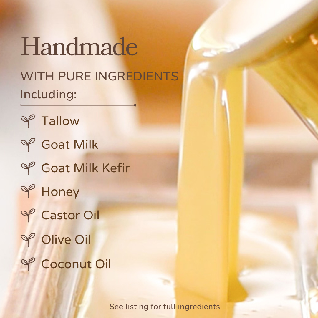 Handmade Milk and Honey soap bar by Pretty Farm Girl, fragrance-free with tallow and goat milk, shown in a natural soap presentation.