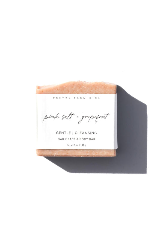 Handmade Pink Salt and Grapefruit Bar Soap by Pretty Farm Girl, featuring tallow and goat milk for cleansing and hydration.