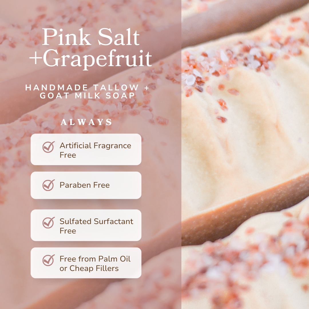 Handmade Pretty Farm Girl pink salt and grapefruit cleansing bar soap with tallow and goat milk, showing the bar's pink hue and textured surface.