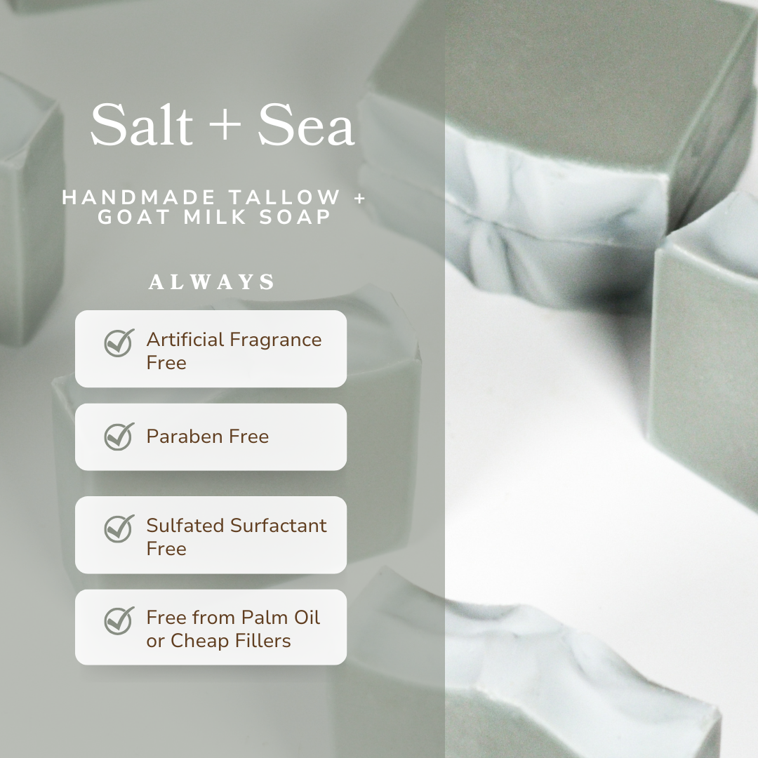 Handmade Salt + Sea Bar Soap by Pretty Farm Girl featuring tallow and goat milk, shown as a natural, textured soap bar.