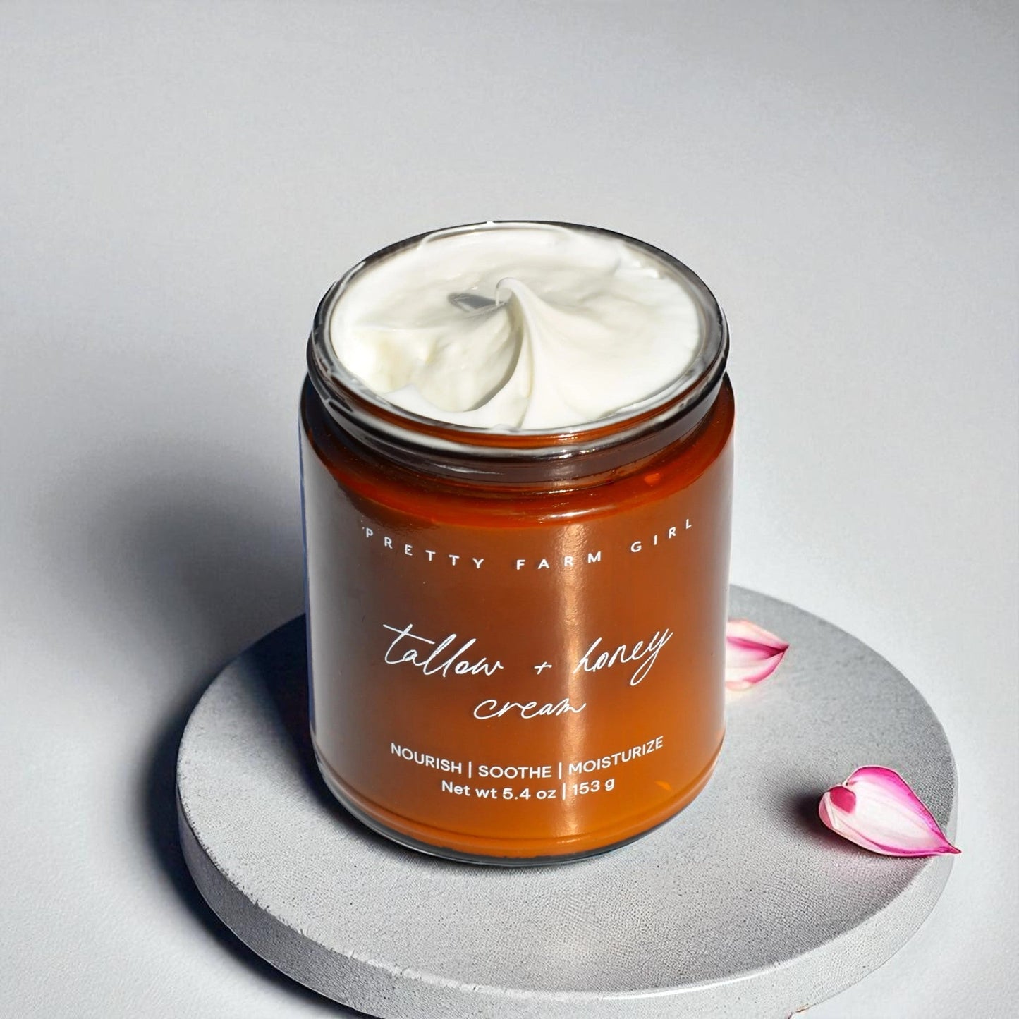 Pretty Farm Girl fragrance-free tallow and honey cream for sensitive skin, showing a jar of soothing, natural skincare cream.