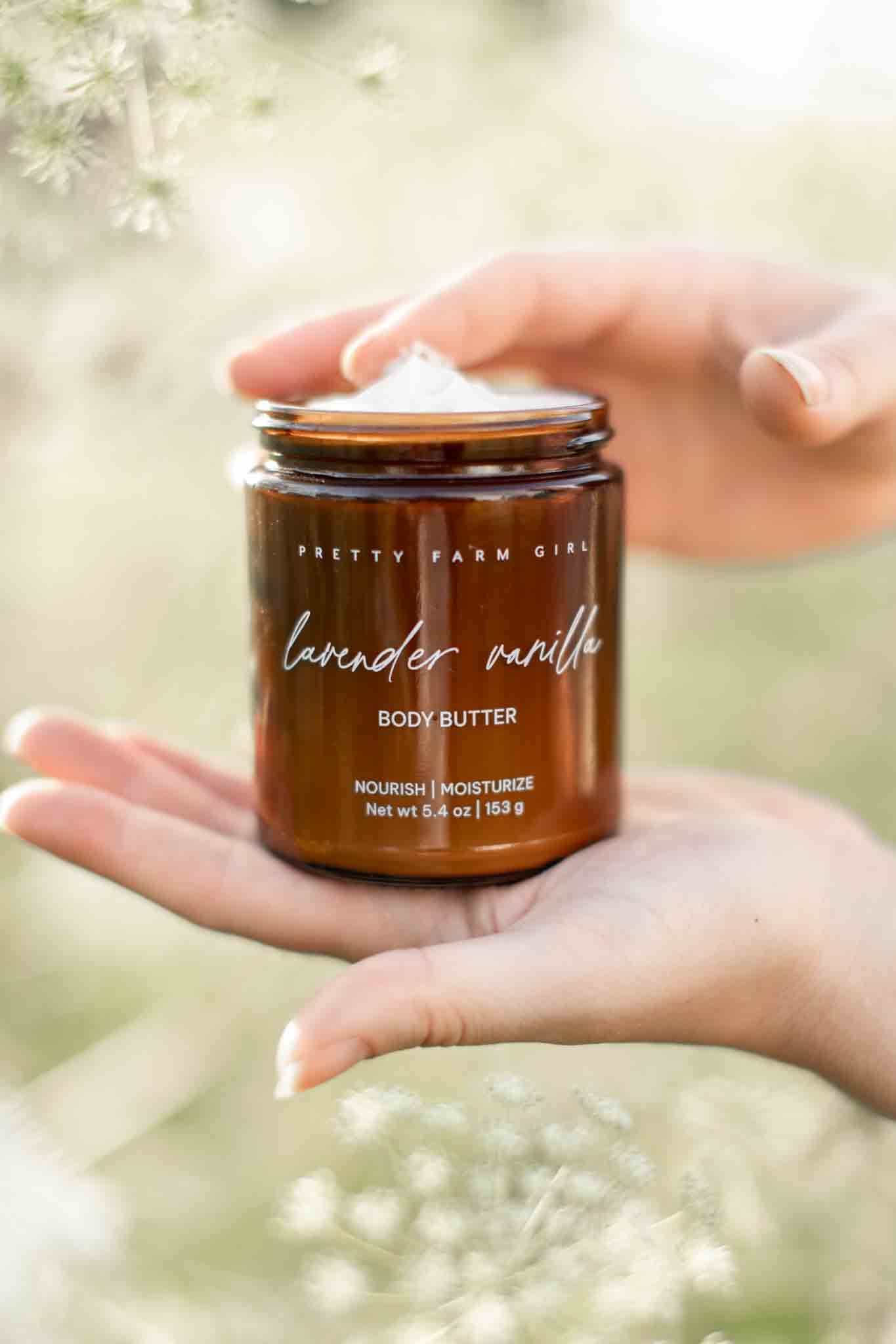Lavender vanilla bean tallow body butter cream by Pretty Farm Girl, showing a smooth, creamy texture with lavender and vanilla scent.