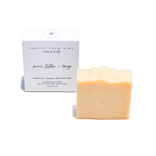 Handmade soap bar from Pretty Farm Girl with pure tallow and goat milk, fragrance-free and natural skincare product.