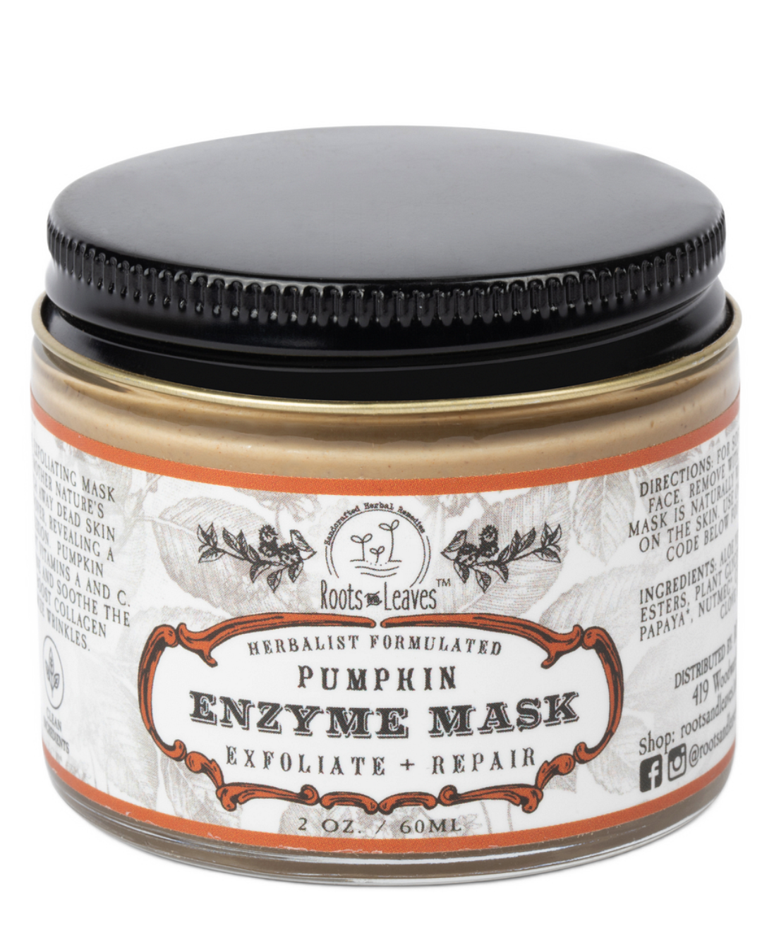 Creamy pumpkin enzyme face mask by Roots and Leaves LLC, shown in a jar with fresh pumpkin slices and natural ingredients.