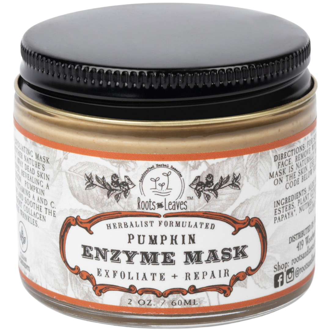 Pumpkin Enzyme Face Mask in a jar from Roots and Leaves LLC, showcasing the nourishing skincare product with natural pumpkin ingredients.