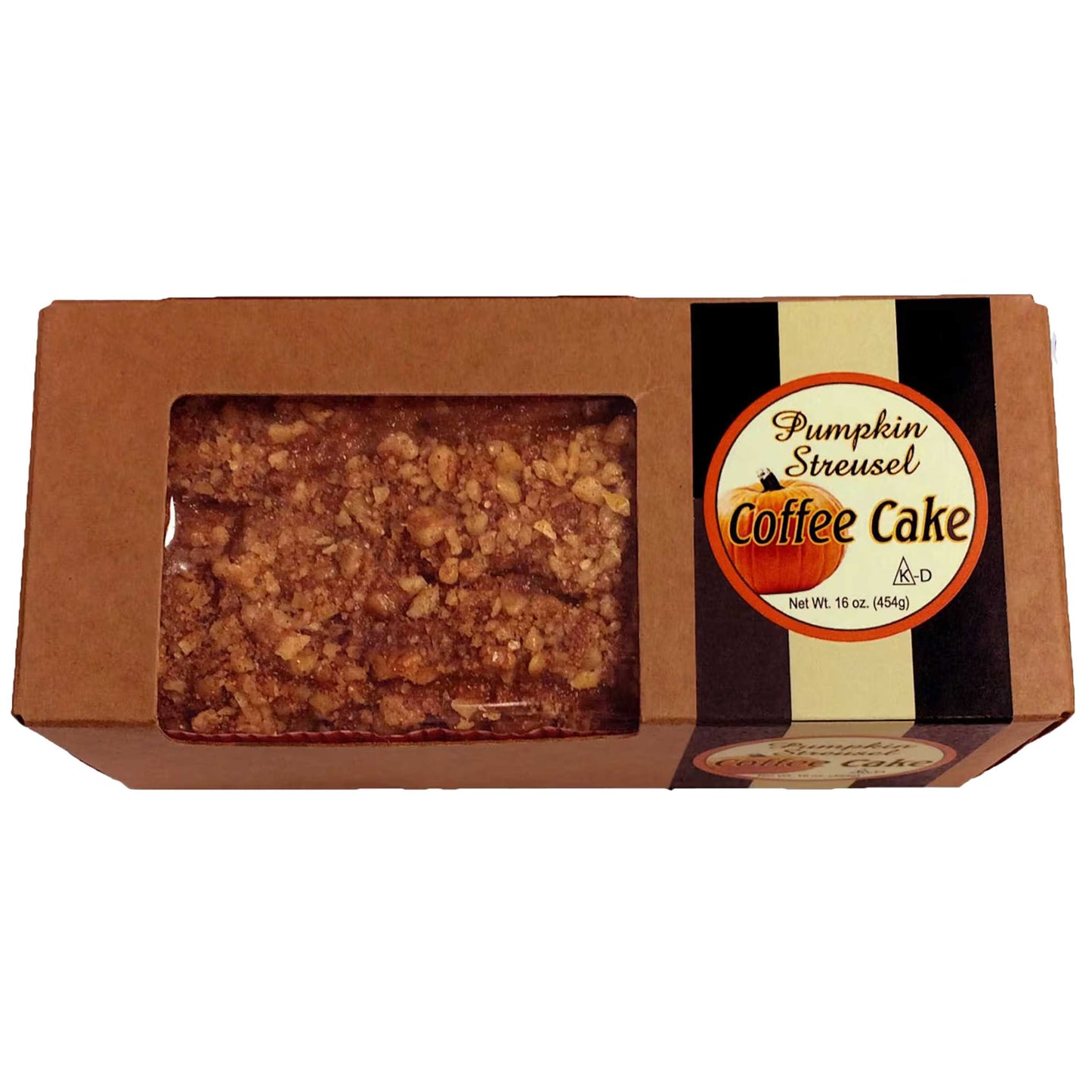 Slice of Pumpkin Streusel Coffee Cake from Beatrice Bakery, featuring a moist pumpkin and crumbly streusel topping.