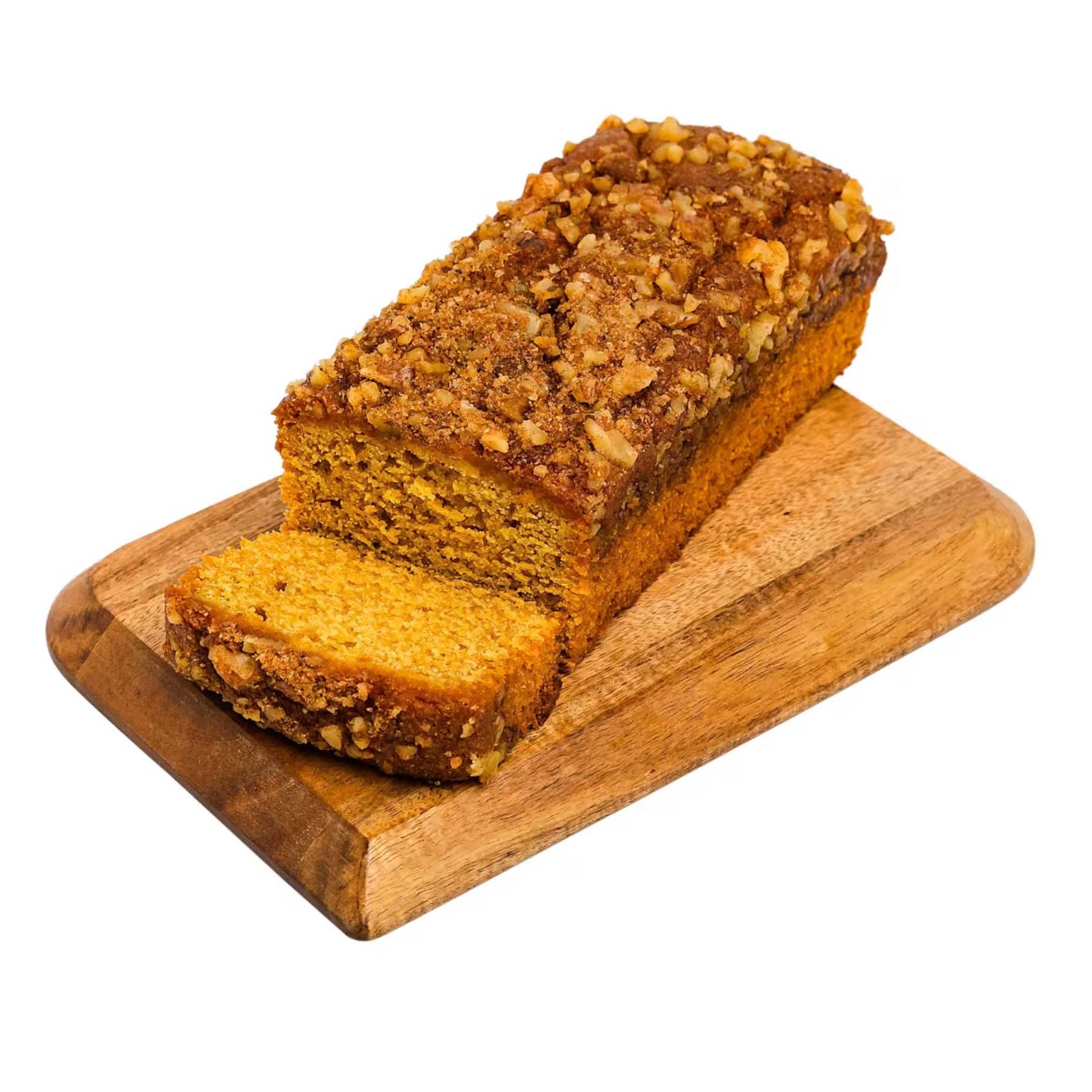 Slice of pumpkin streusel coffee cake from Beatrice Bakery featuring a golden crumb topping and moist pumpkin-flavored interior.