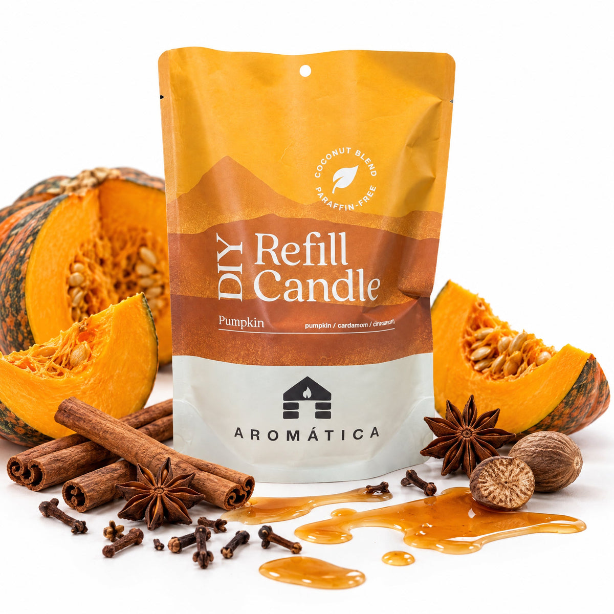 Bluecorn Aromática scented candle refill kit with pumpkin spice scent, featuring a refill container and pump for easy use.