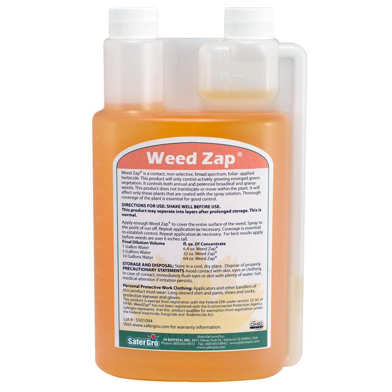 Grow Organic Weed Zap pest control quart bottle, eco-friendly weed and pest remover for garden use.